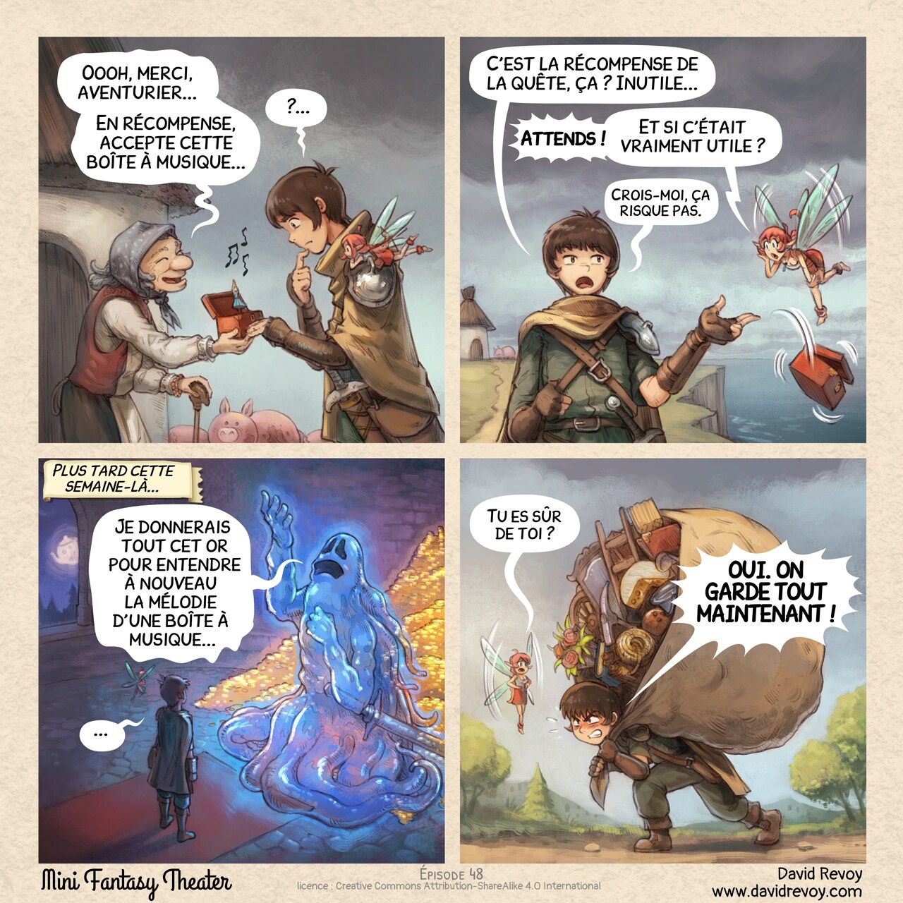 Mini Fantasy Theater #48: Gestion des objets de quête (2026-04-15). David Revoy, CC BY-SA 4.0. translation: Nicolas Artance. https://www.peppercarrot.com/en/webcomics/miniFantasyTheater.html