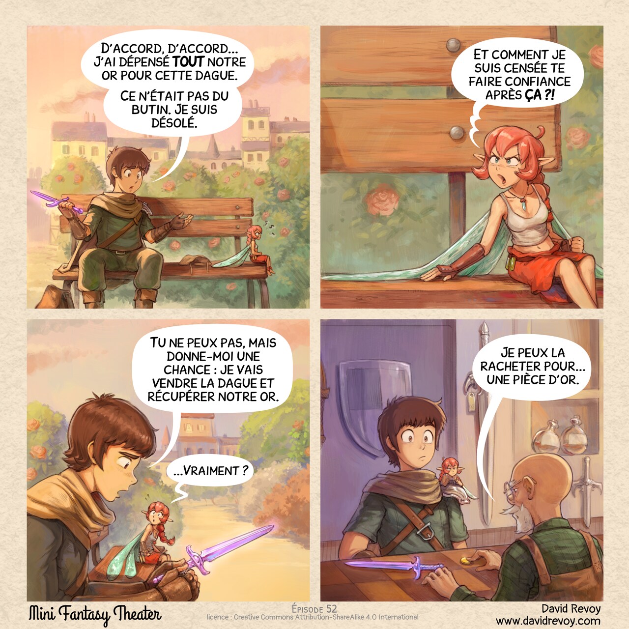 Mini Fantasy Theater #52: Manœuvre classique de vendeur (2026-05-13). David Revoy, CC BY-SA 4.0. translation: Nicolas Artance. https://www.peppercarrot.com/en/webcomics/miniFantasyTheater.html