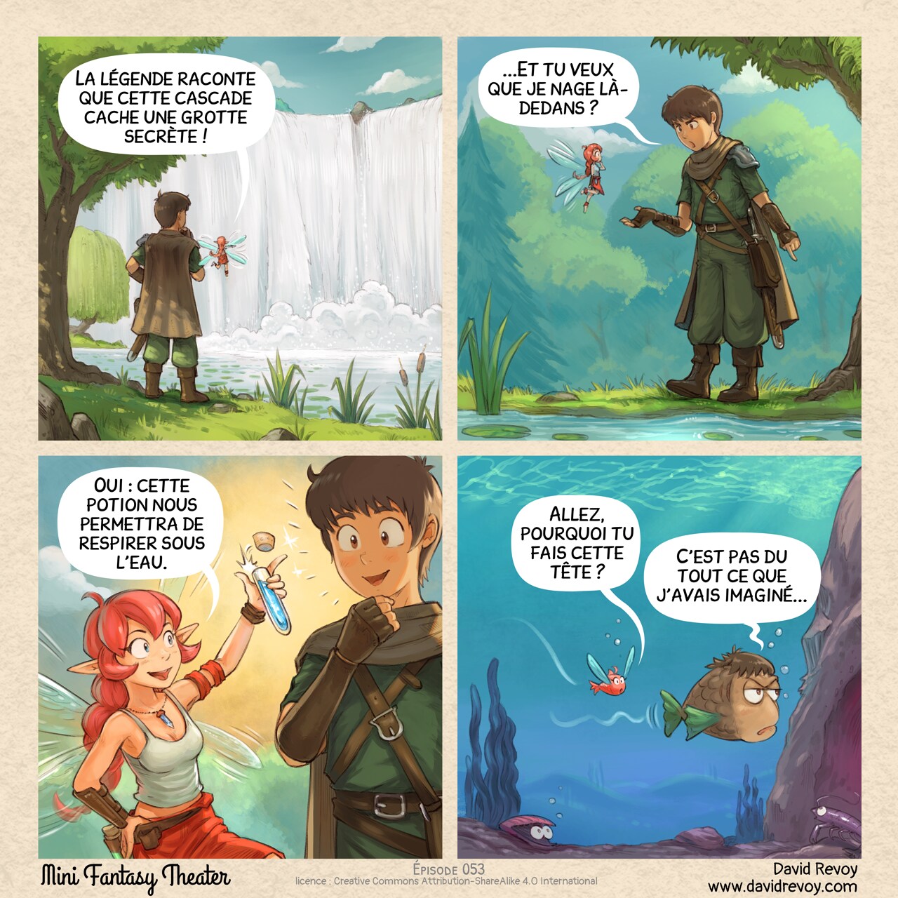Mini Fantasy Theater #53: Respirer sous l'Eau (2026-05-20). David Revoy, CC BY-SA 4.0. translation: Nicolas Artance. https://www.peppercarrot.com/en/webcomics/miniFantasyTheater.html