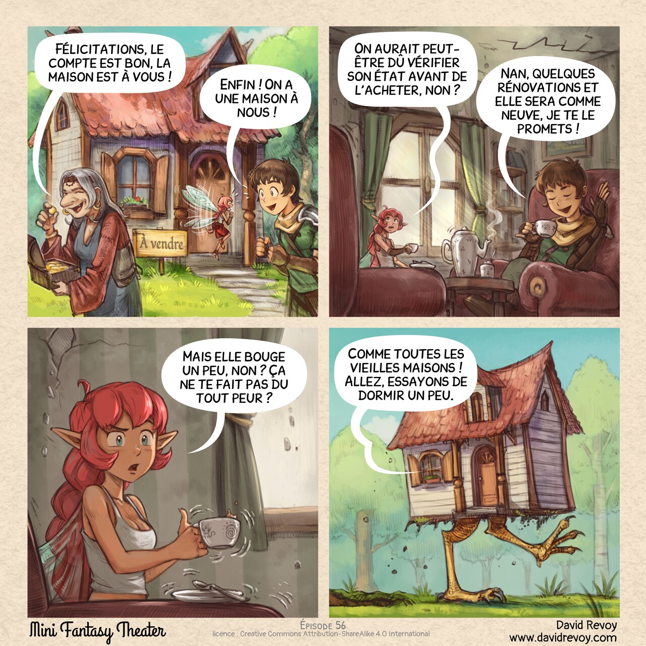 Mini Fantasy Theater #56: Chez Nous... ou presque (2026-06-10). David Revoy, CC BY-SA 4.0. translation: Nicolas Artance. https://www.peppercarrot.com/en/webcomics/miniFantasyTheater.html