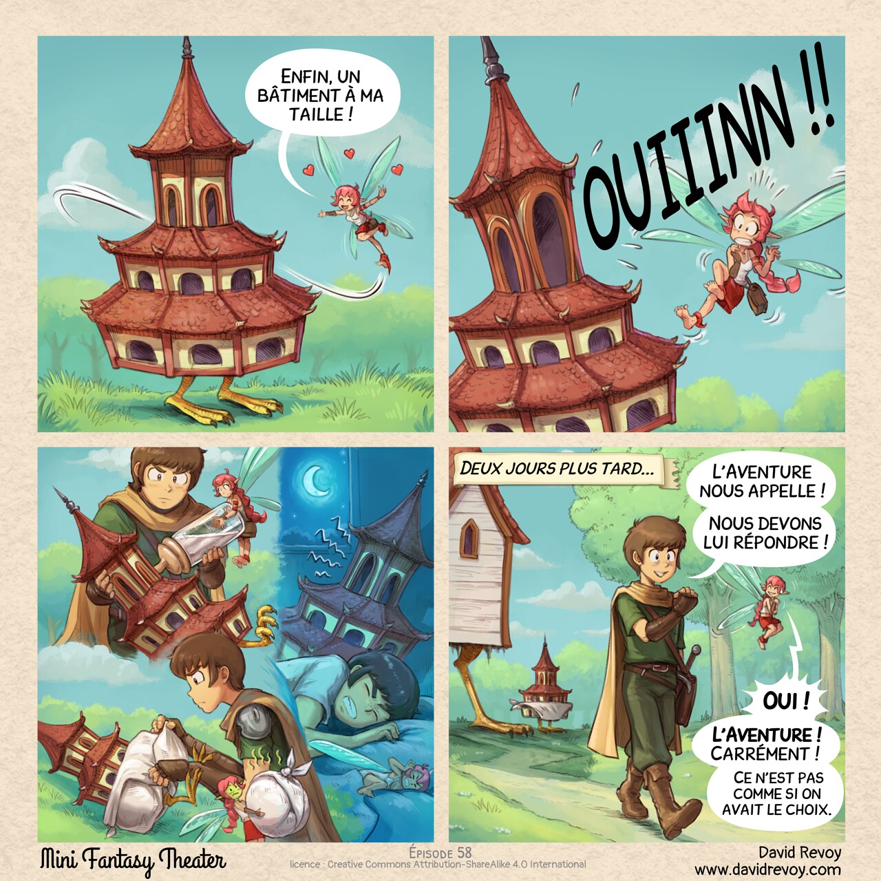 Mini Fantasy Theater #58: L'Appel (Carrément Clair) de l'Aventure (2026-06-24). David Revoy, CC BY-SA 4.0. translation: Nicolas Artance. https://www.peppercarrot.com/en/webcomics/miniFantasyTheater.html