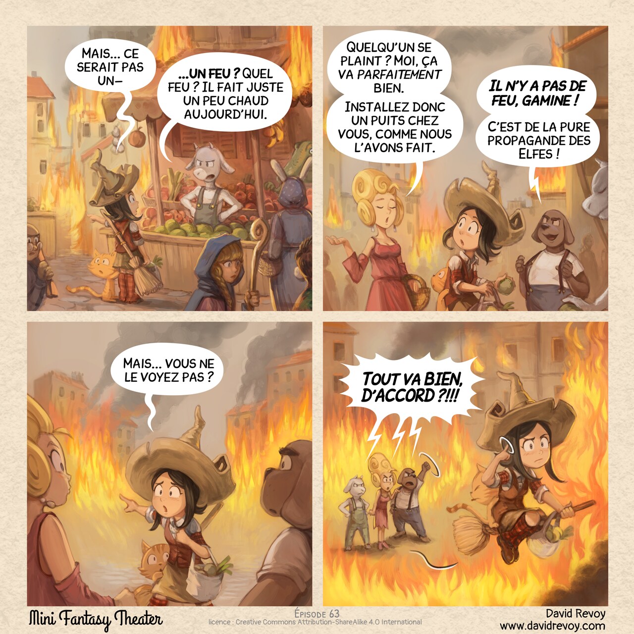 Mini Fantasy Theater #63: Au Feu (2026-07-29). David Revoy, CC BY-SA 4.0. translation: Nicolas Artance. https://www.peppercarrot.com/en/webcomics/miniFantasyTheater.html
