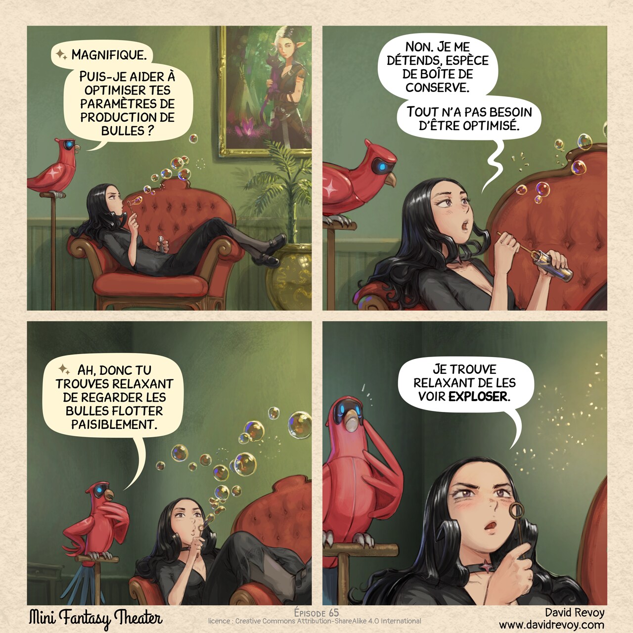 Mini Fantasy Theater #65: Bullothérapie (2026-08-12). David Revoy, CC BY-SA 4.0. translation: Nicolas Artance. https://www.peppercarrot.com/en/webcomics/miniFantasyTheater.html