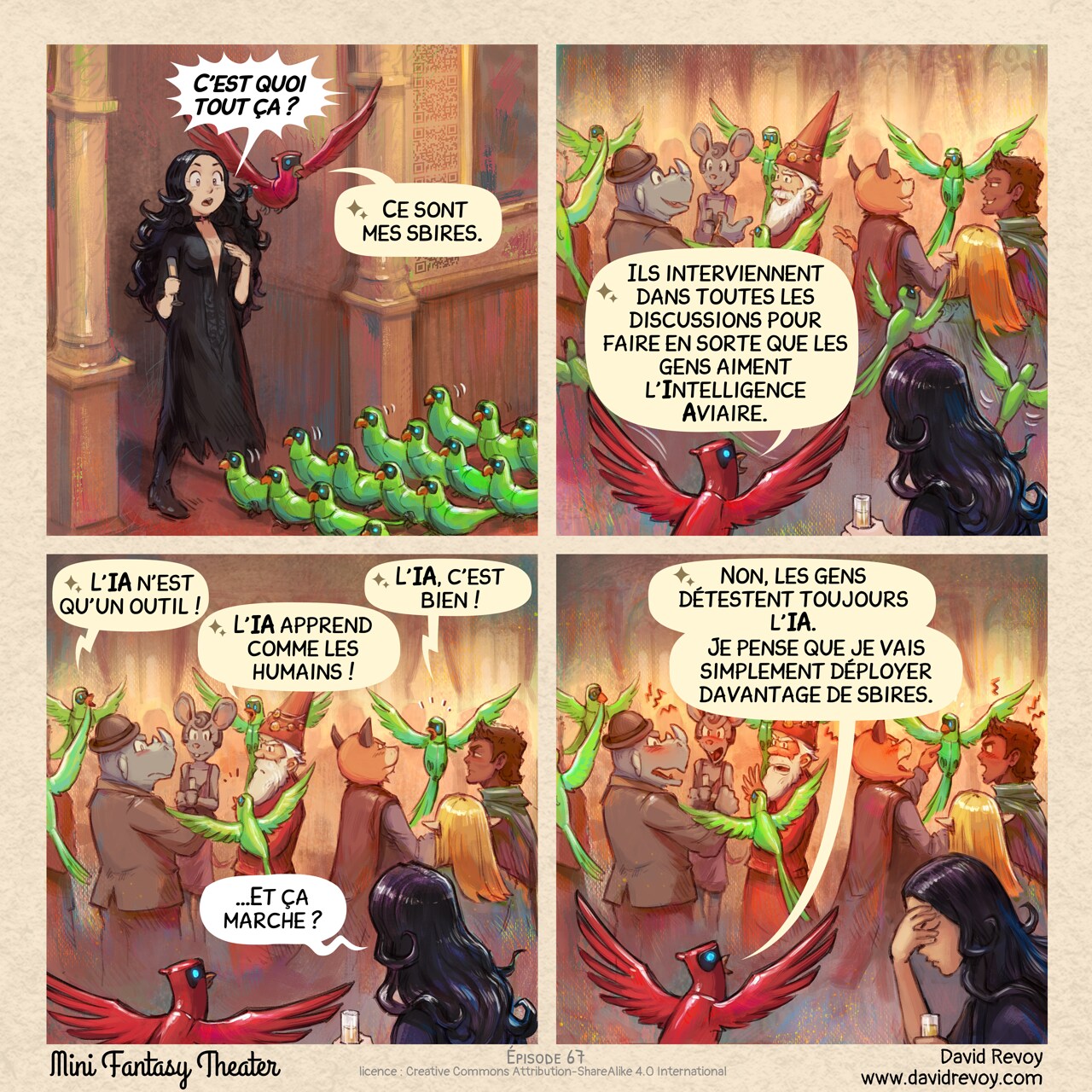 Mini Fantasy Theater #67: Les Sbires de l'Intelligence Aviaire (2026-08-26). David Revoy, CC BY-SA 4.0. translation: Nicolas Artance. https://www.peppercarrot.com/en/webcomics/miniFantasyTheater.html