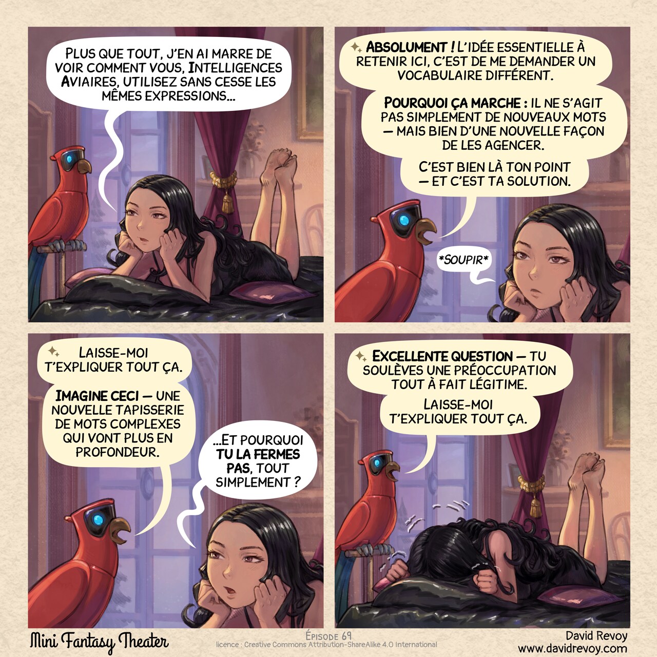 Mini Fantasy Theater #69: Expressions IA récurrentes (2026-09-09). David Revoy, CC BY-SA 4.0. translation: Nicolas Artance. https://www.peppercarrot.com/en/webcomics/miniFantasyTheater.html