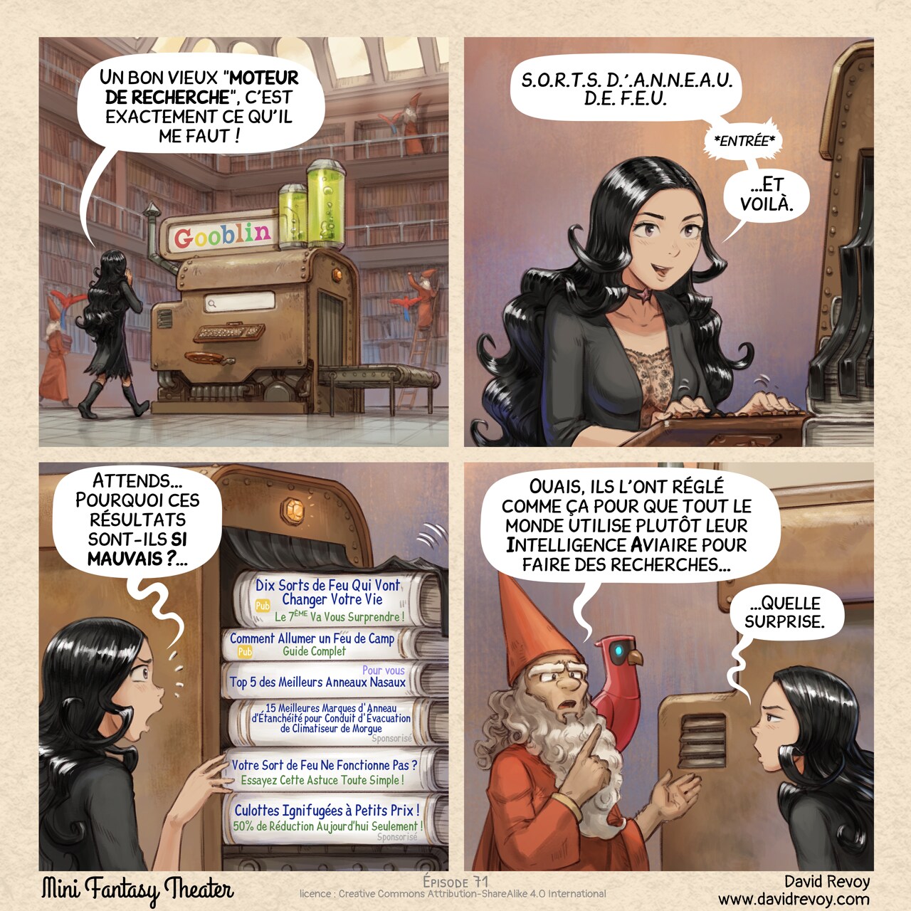 Mini Fantasy Theater #71: Le Moteur de Recherche Dégradé (2026-09-23). David Revoy, CC BY-SA 4.0. translation: Nicolas Artance. https://www.peppercarrot.com/en/webcomics/miniFantasyTheater.html