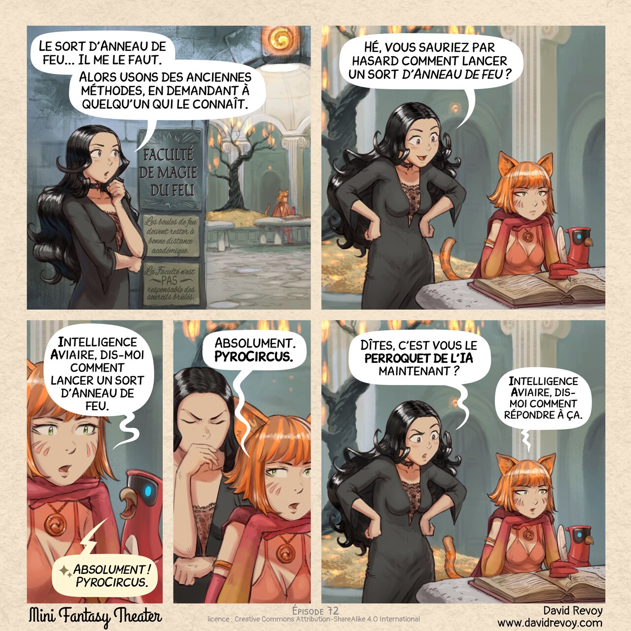 Mini Fantasy Theater #72: Le perroquet de l'IA (2026-09-30). David Revoy, CC BY-SA 4.0. translation: Nicolas Artance. https://www.peppercarrot.com/en/webcomics/miniFantasyTheater.html
