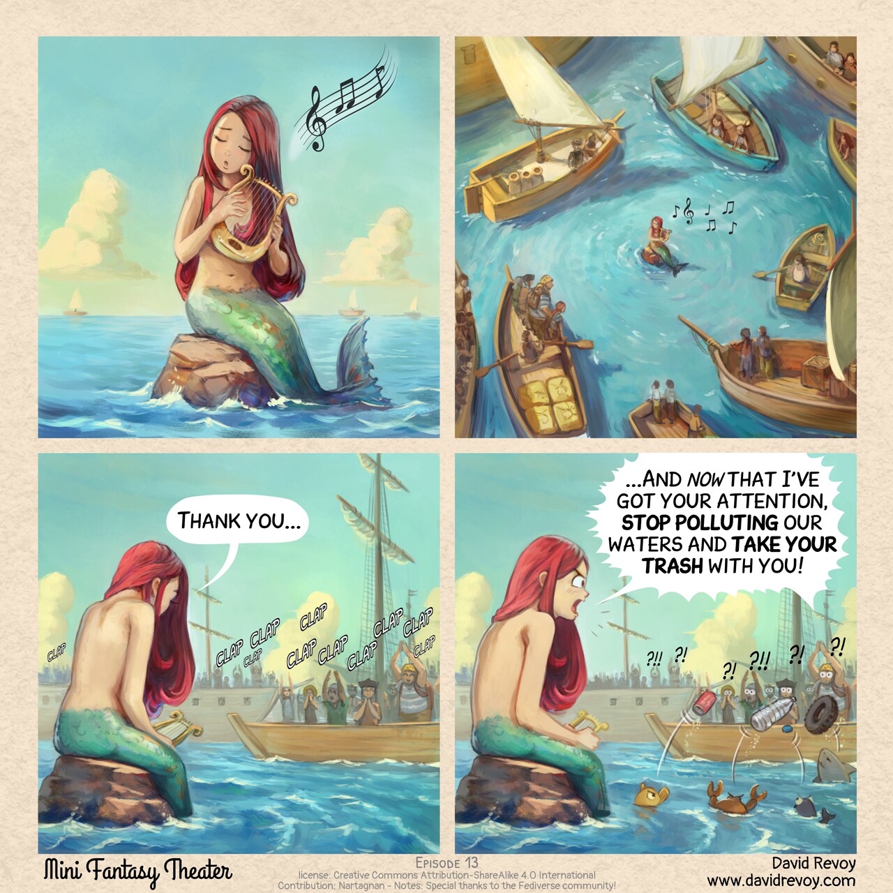 Mini Fantasy Theater #13: Mermaid (2025-08-06). David Revoy, CC BY-SA 4.0. contribution: Nartagnan; notes: Special thanks to the Fediverse Community!. https://www.peppercarrot.com/en/webcomics/miniFantasyTheater.html