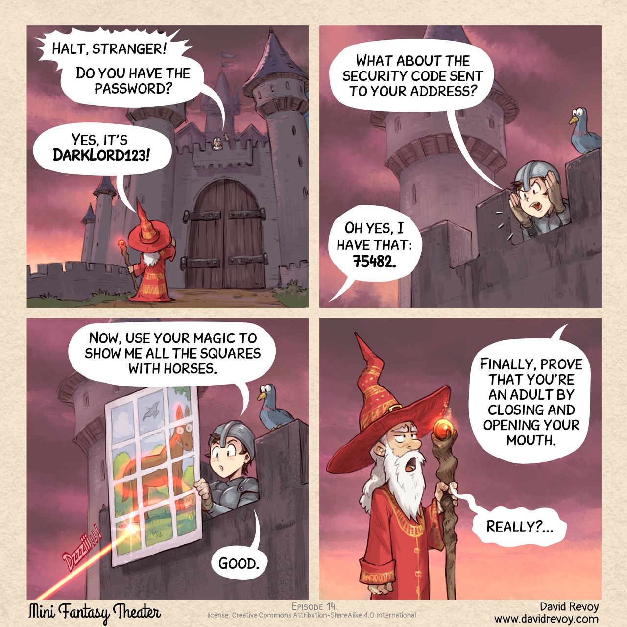 Mini Fantasy Theater #14: Security (2025-08-13). David Revoy, CC BY-SA 4.0. https://www.peppercarrot.com/en/webcomics/miniFantasyTheater.html