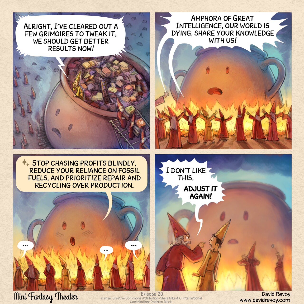 Mini Fantasy Theater #20: The Amphora of Great Intelligence (AGI) Part 2 (2025-09-24). David Revoy, CC BY-SA 4.0. contribution: Dobhran Black. https://www.peppercarrot.com/en/webcomics/miniFantasyTheater.html