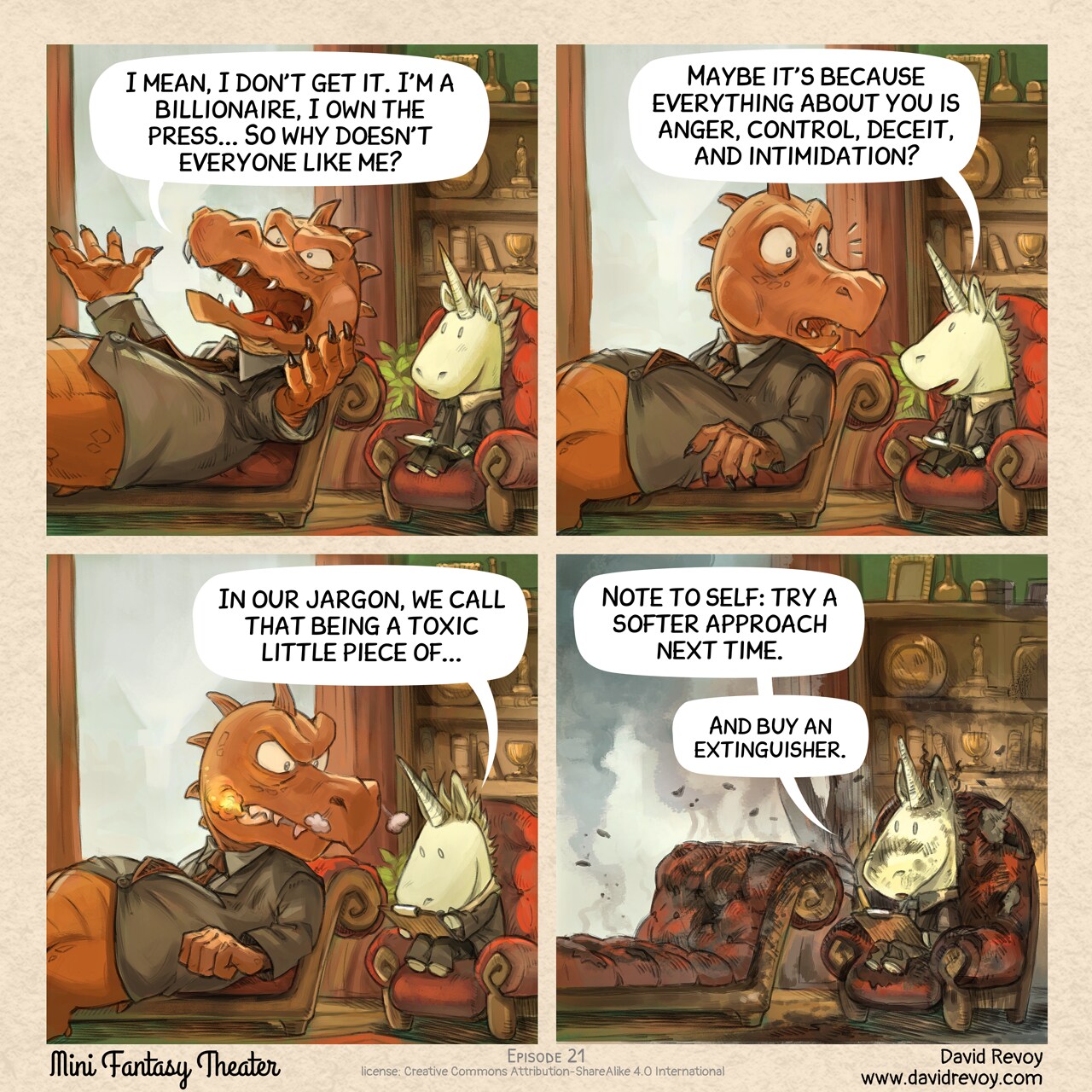Mini Fantasy Theater #21: A Burning Problem (2025-10-01). David Revoy, CC BY-SA 4.0. https://www.peppercarrot.com/en/webcomics/miniFantasyTheater.html