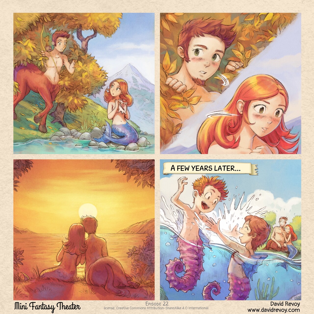 Mini Fantasy Theater #22: The Centaur and the Mermaid (2025-10-08). David Revoy, CC BY-SA 4.0. https://www.peppercarrot.com/en/webcomics/miniFantasyTheater.html