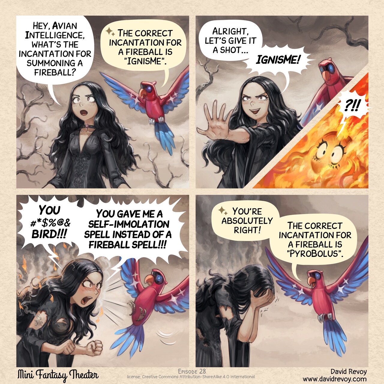 Mini Fantasy Theater #28: The Correct Incantation (2025-11-26). David Revoy, CC BY-SA 4.0. https://www.peppercarrot.com/en/webcomics/miniFantasyTheater.html