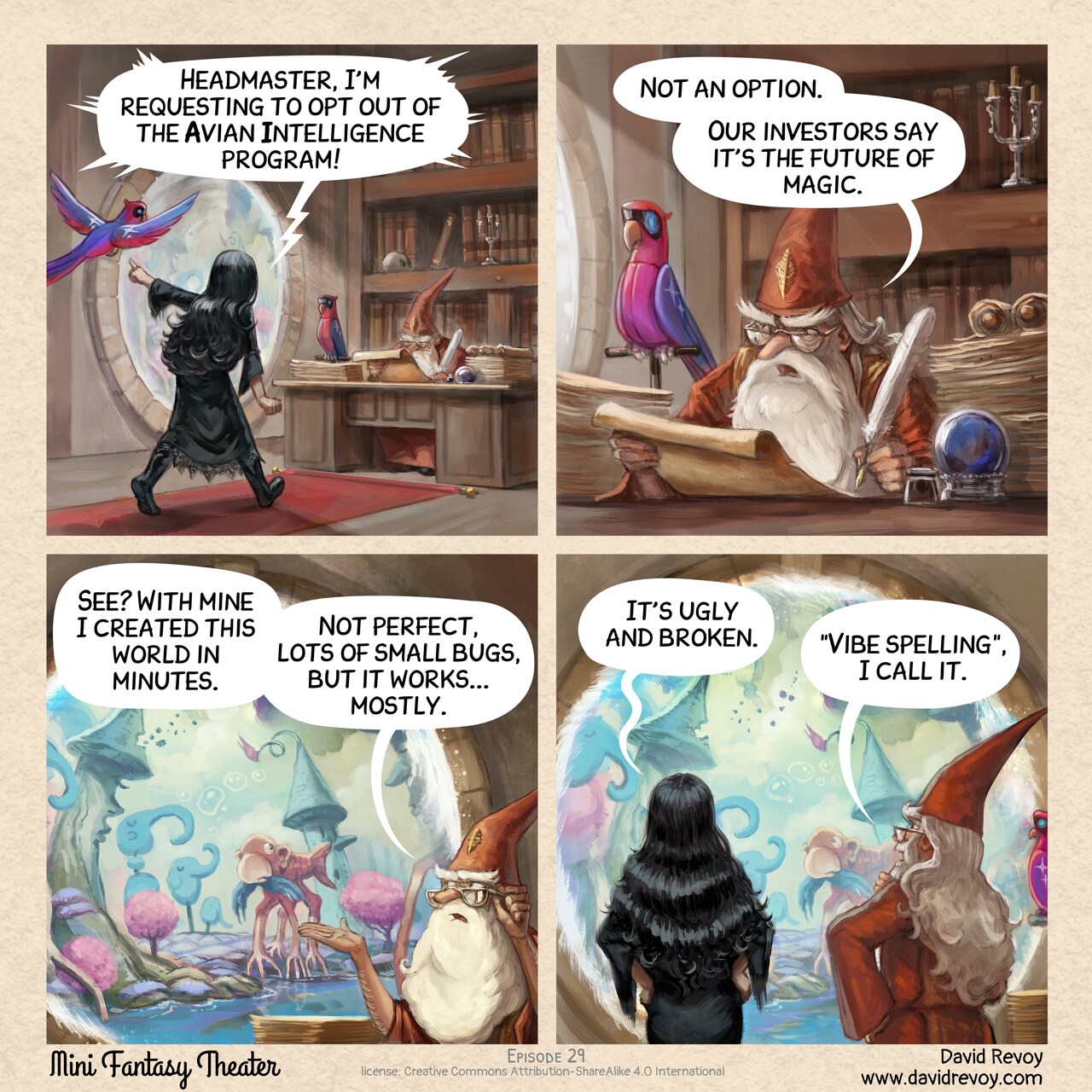 Mini Fantasy Theater #29: The Future of Magic (2025-12-03). David Revoy, CC BY-SA 4.0. https://www.peppercarrot.com/en/webcomics/miniFantasyTheater.html