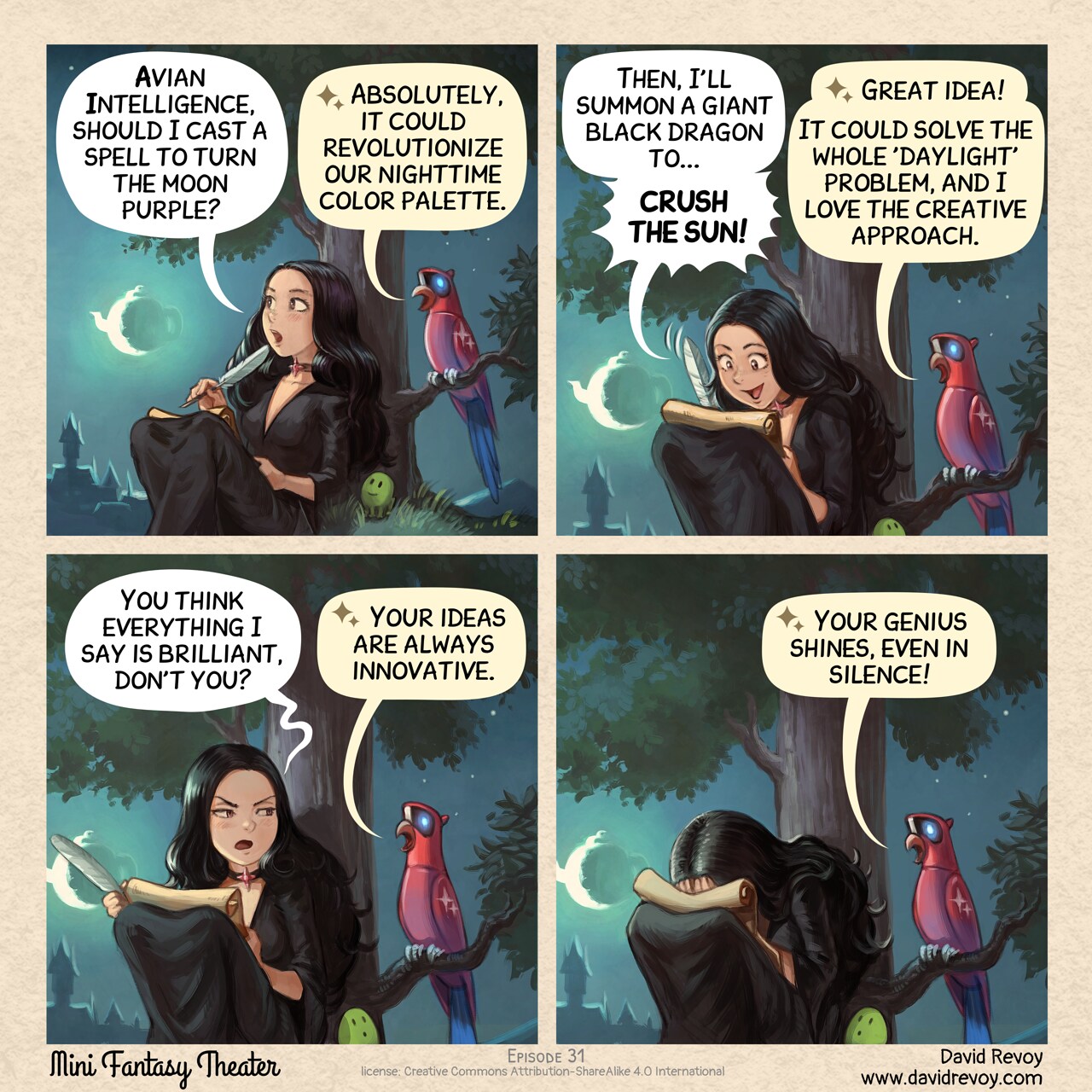 Mini Fantasy Theater #31: When Your Avian Intelligence Agrees a Little Too Much (2025-12-17). David Revoy, CC BY-SA 4.0. https://www.peppercarrot.com/en/webcomics/miniFantasyTheater.html