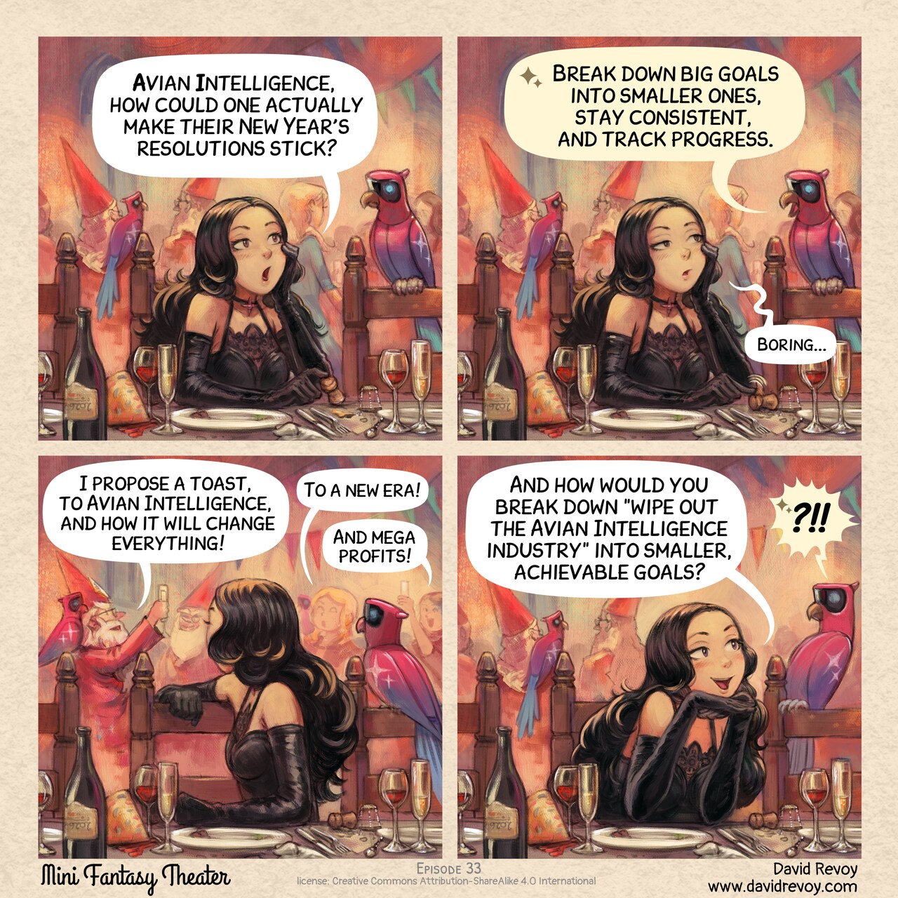 Mini Fantasy Theater #33: New year special (2025-12-31). David Revoy, CC BY-SA 4.0. https://www.peppercarrot.com/en/webcomics/miniFantasyTheater.html