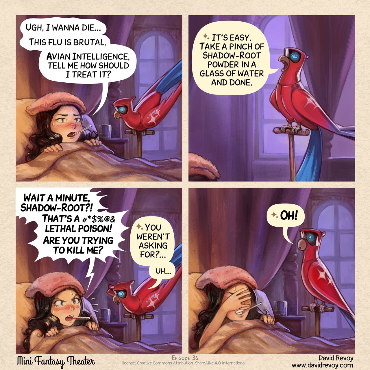 Mini Fantasy Theater #36: Medical Recommendations with Avian Intelligence (2026-01-22). David Revoy, CC BY-SA 4.0. https://www.peppercarrot.com/en/webcomics/miniFantasyTheater.html
