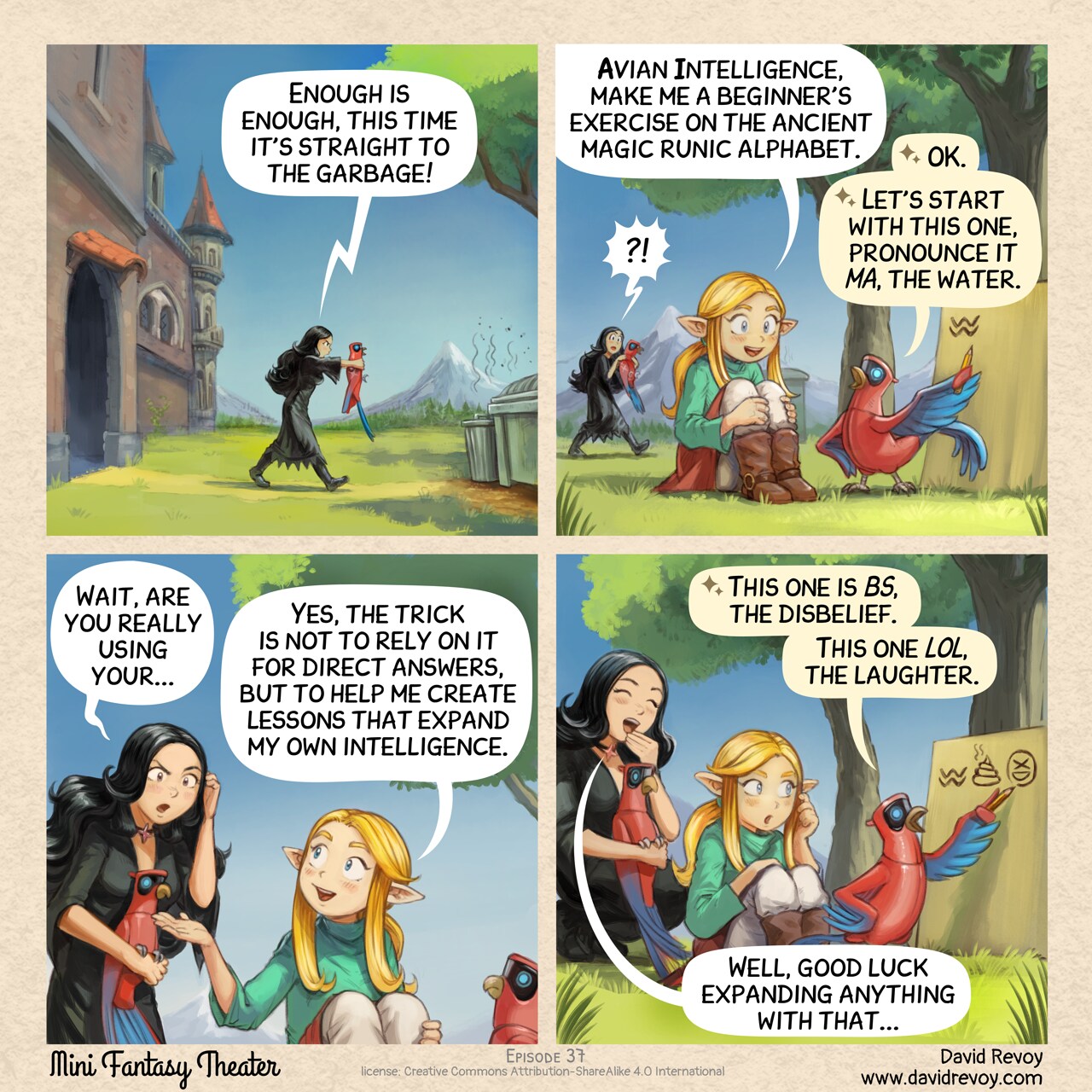 Mini Fantasy Theater #37: Generated Lessons (2026-01-28). David Revoy, CC BY-SA 4.0. https://www.peppercarrot.com/en/webcomics/miniFantasyTheater.html