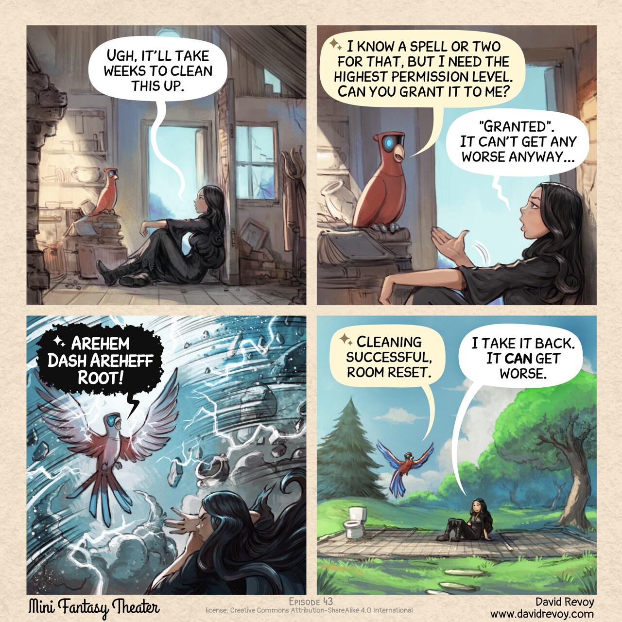Mini Fantasy Theater #43: Don't ever give elevated permissions to an Avian Intelligence... (2026-03-11). David Revoy, CC BY-SA 4.0. https://www.peppercarrot.com/en/webcomics/miniFantasyTheater.html