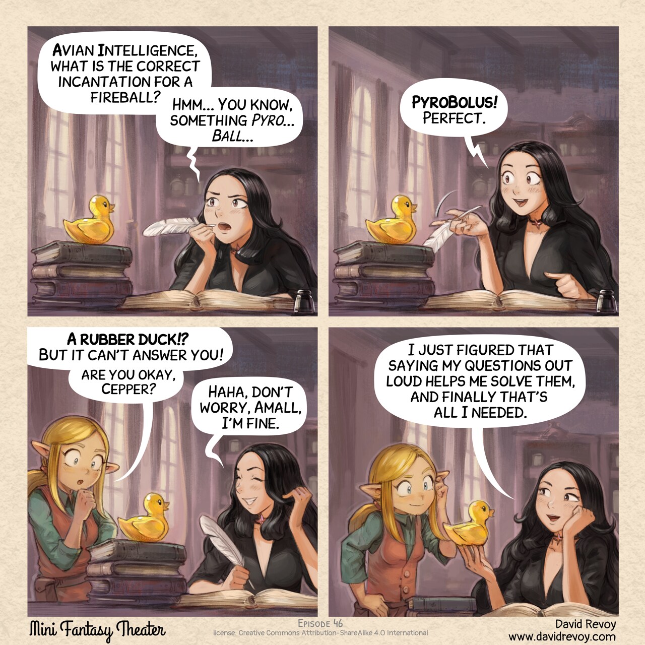 Mini Fantasy Theater #46: Rubber Ducking (2026-04-01). David Revoy, CC BY-SA 4.0. https://www.peppercarrot.com/en/webcomics/miniFantasyTheater.html
