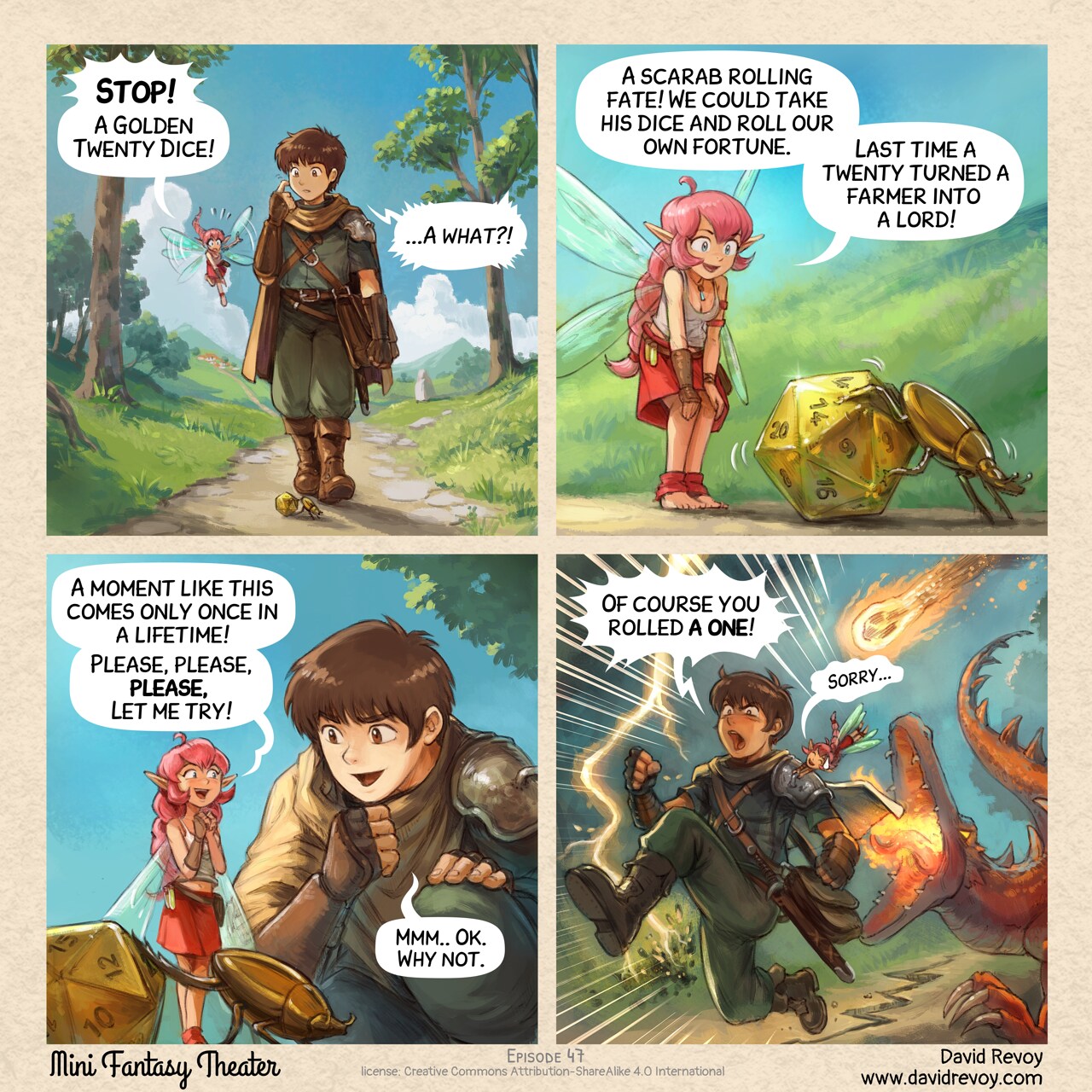 Mini Fantasy Theater #47: The Golden Twenty Dice (2026-04-08). David Revoy, CC BY-SA 4.0. https://www.peppercarrot.com/en/webcomics/miniFantasyTheater.html