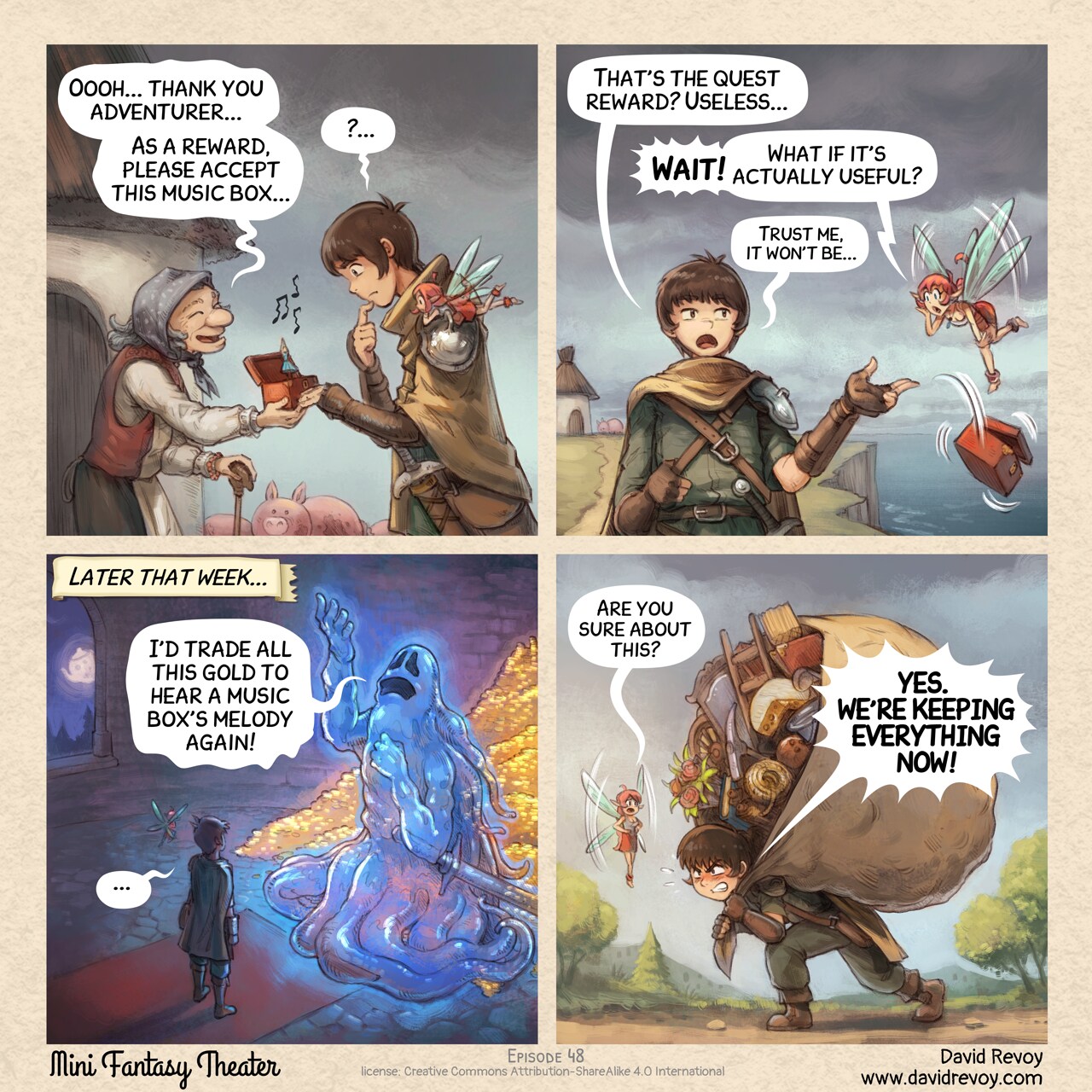 Mini Fantasy Theater #48: Quest item management (2026-04-15). David Revoy, CC BY-SA 4.0. https://www.peppercarrot.com/en/webcomics/miniFantasyTheater.html