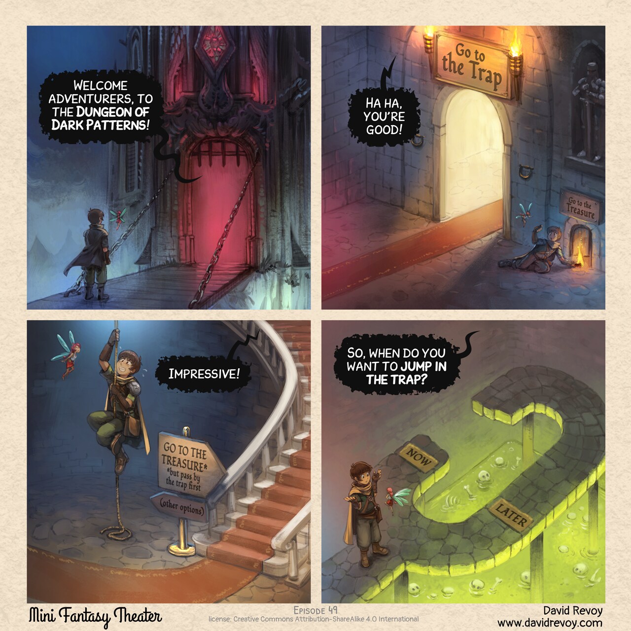Mini Fantasy Theater #49: The Dungeon of Dark Patterns (2026-04-22). David Revoy, CC BY-SA 4.0. https://www.peppercarrot.com/en/webcomics/miniFantasyTheater.html