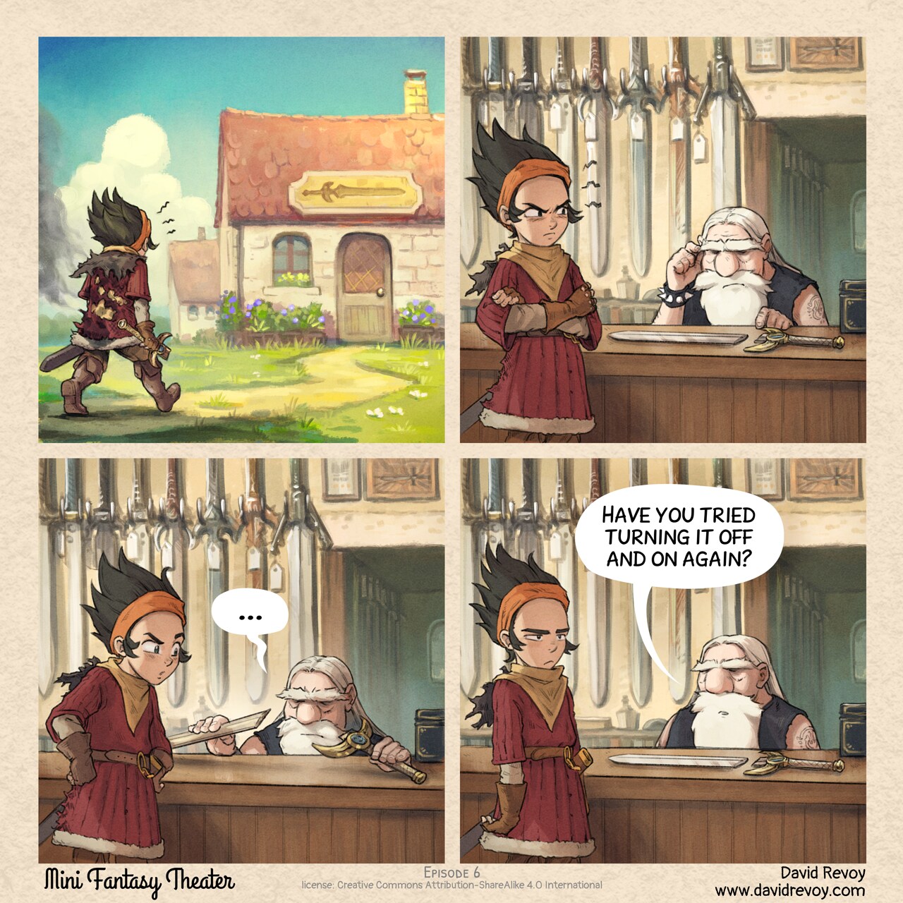Mini Fantasy Theater #6: Help desk (2024-05-29). David Revoy, CC BY-SA 4.0. https://www.peppercarrot.com/en/webcomics/miniFantasyTheater.html