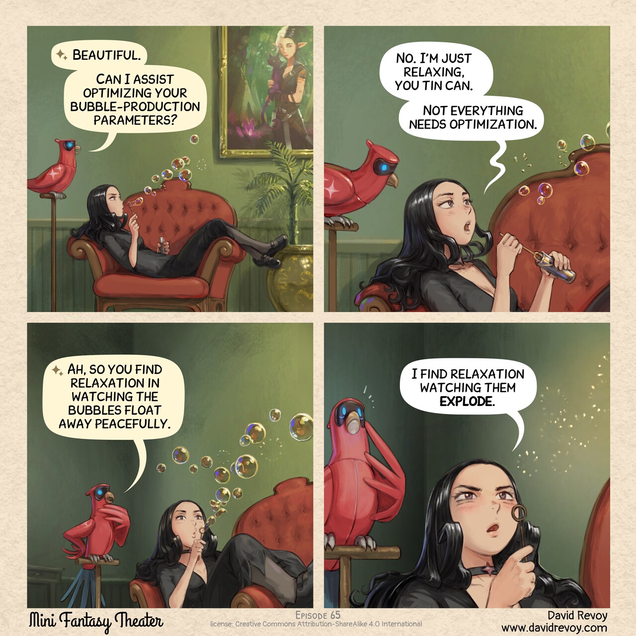 Mini Fantasy Theater #65: Bubble Therapy (2026-08-12). David Revoy, CC BY-SA 4.0. https://www.peppercarrot.com/en/webcomics/miniFantasyTheater.html