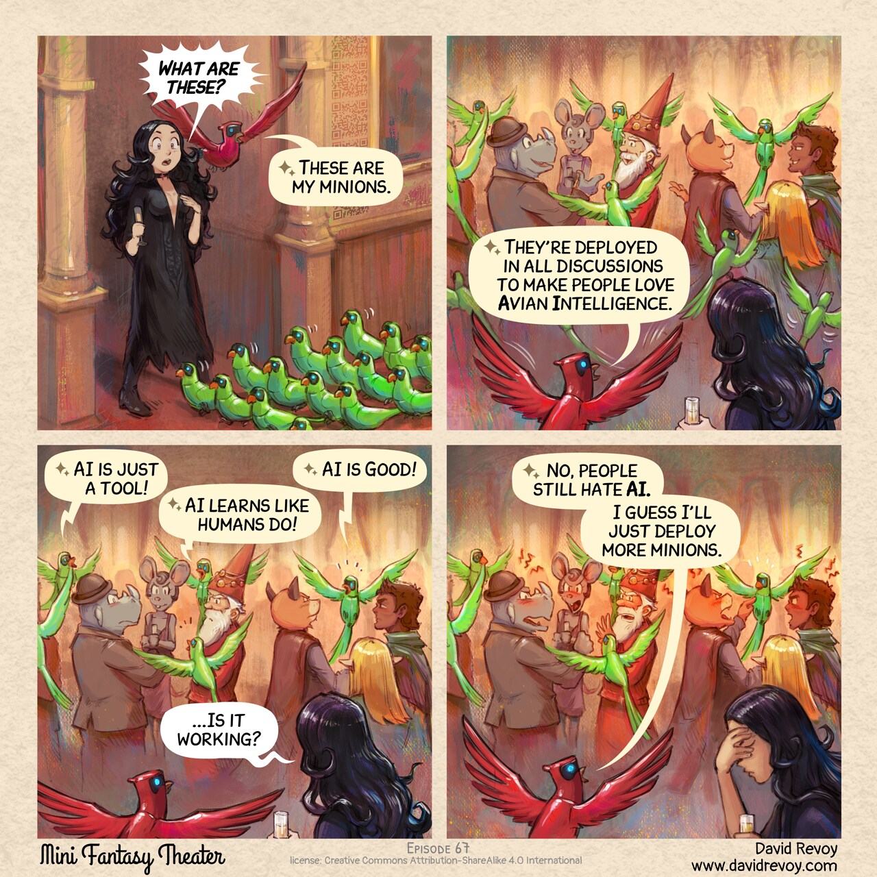 Mini Fantasy Theater #67: The Minions of Avian Intelligence (2026-08-26). David Revoy, CC BY-SA 4.0. https://www.peppercarrot.com/en/webcomics/miniFantasyTheater.html