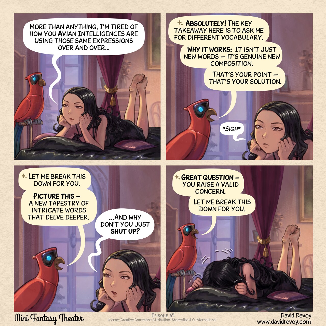 Mini Fantasy Theater #69: AI Overused Expressions (2026-09-09). David Revoy, CC BY-SA 4.0. https://www.peppercarrot.com/en/webcomics/miniFantasyTheater.html