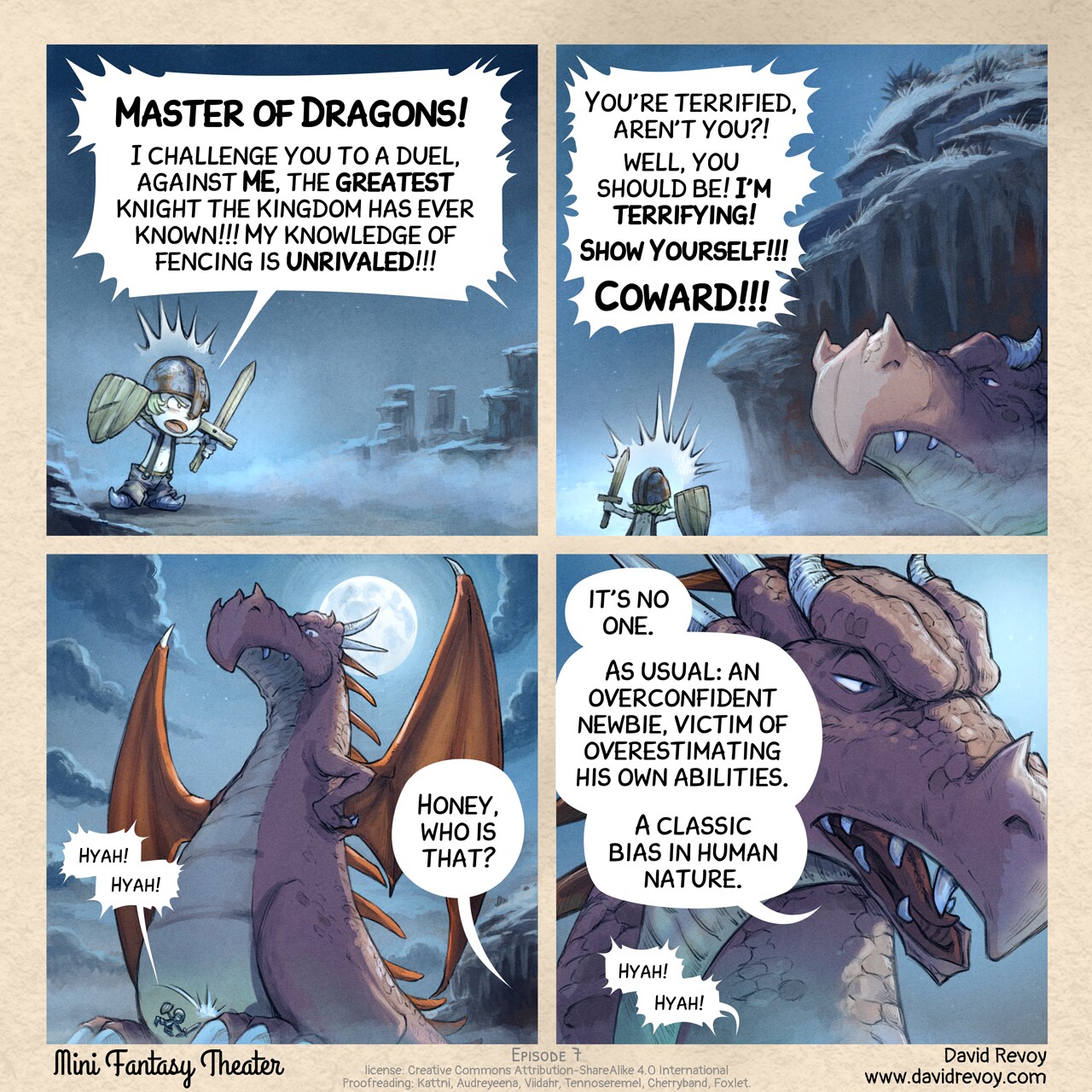Mini Fantasy Theater #7: Dunning–Kruger effect (2024-06-12). David Revoy, CC BY-SA 4.0. proofreading: Kattni, Audreyeena, Viidahr, Tennoseremel, Cherryband, Foxlet. https://www.peppercarrot.com/en/webcomics/miniFantasyTheater.html