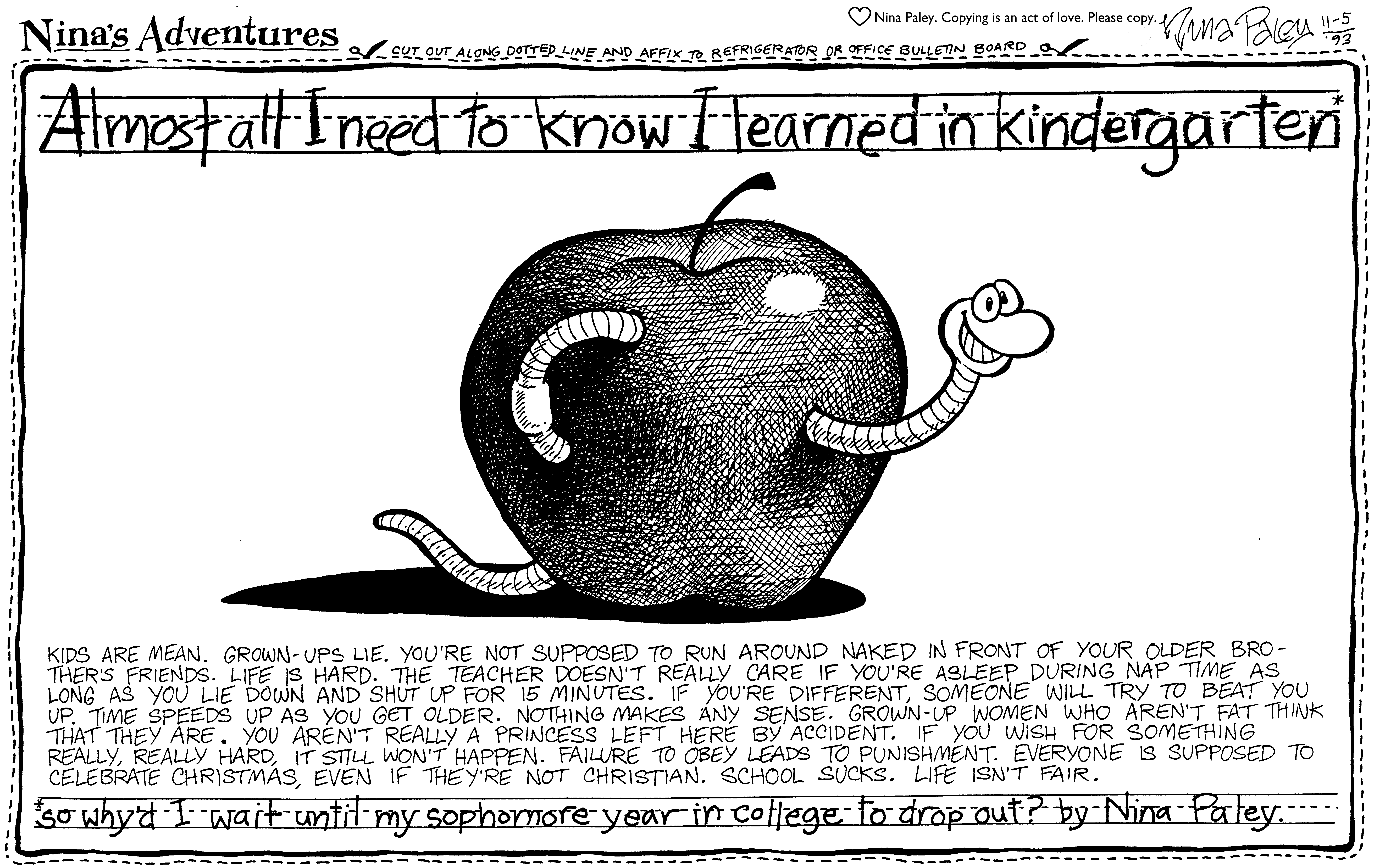 Nina's Adventures: Kindergarten (Nov 5, 1993). Nina Paley, CC BY-SA 3.0. https://archive.org/details/NinasAdventuresFree