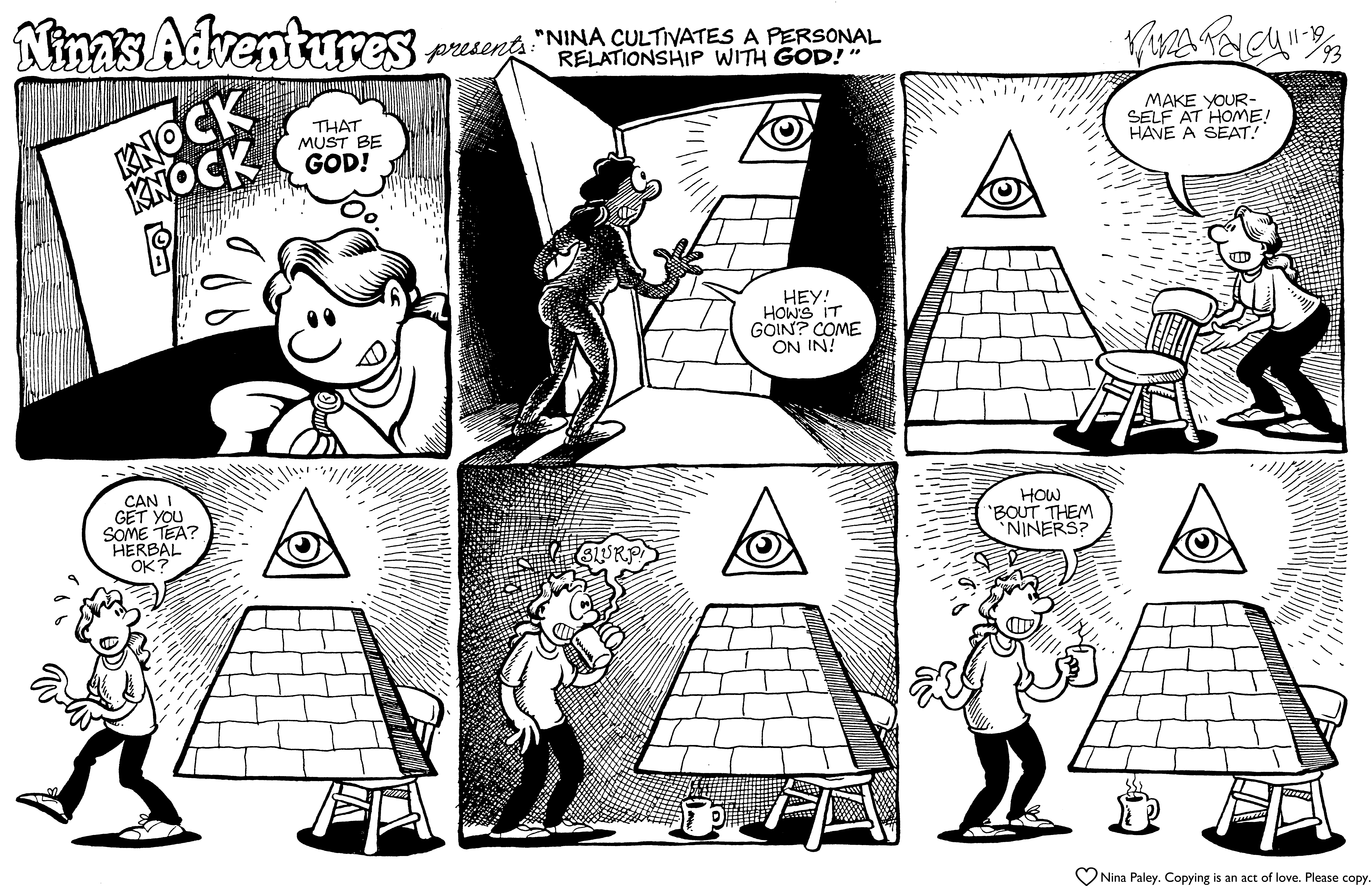 Nina's Adventures: God Pyramid (Nov 19, 1993). Nina Paley, CC BY-SA 3.0. https://archive.org/details/NinasAdventuresFree