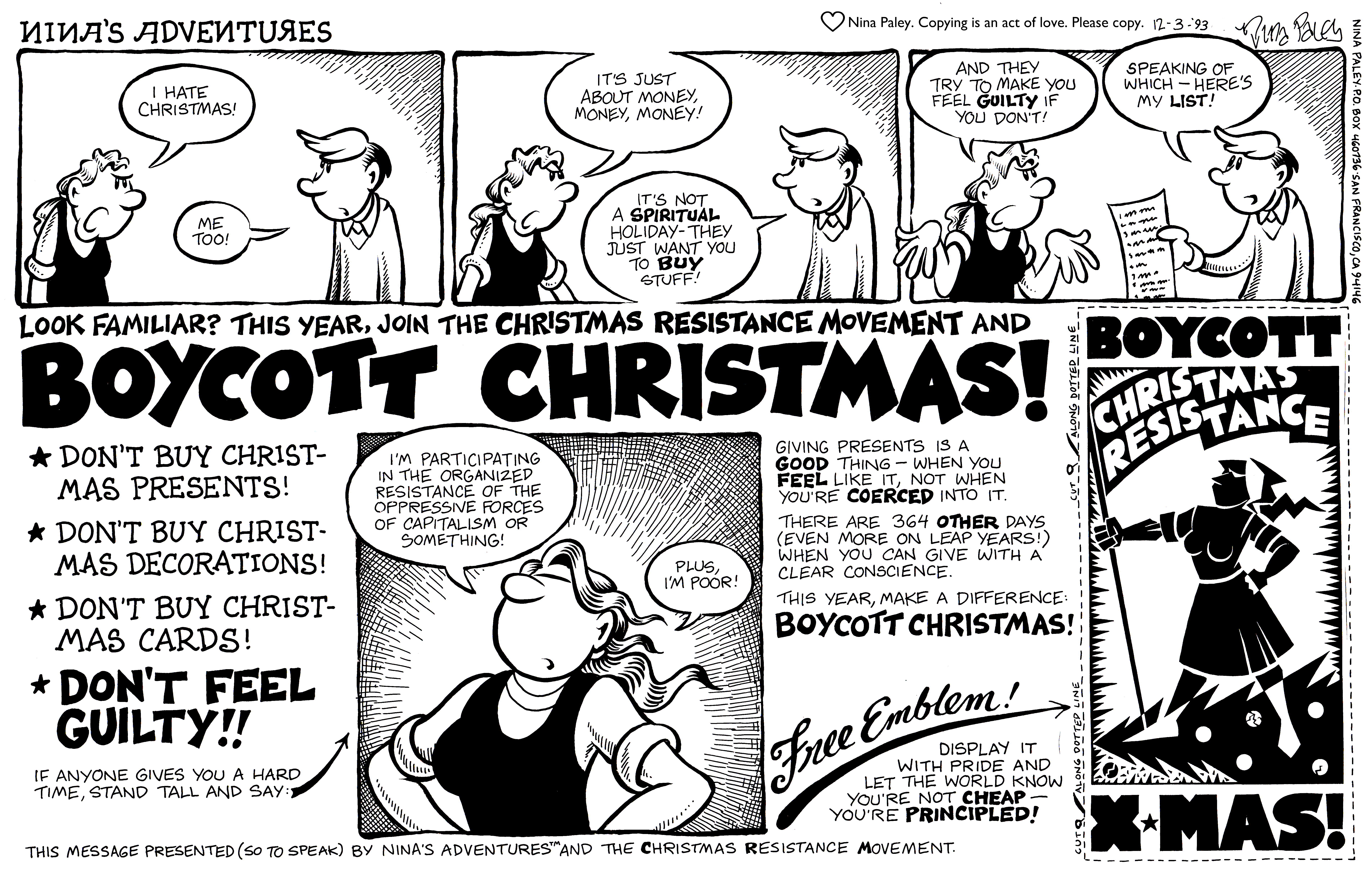 Nina's Adventures: Boycott Christmas (Dec 3, 1993). Nina Paley, CC BY-SA 3.0. https://archive.org/details/NinasAdventuresFree