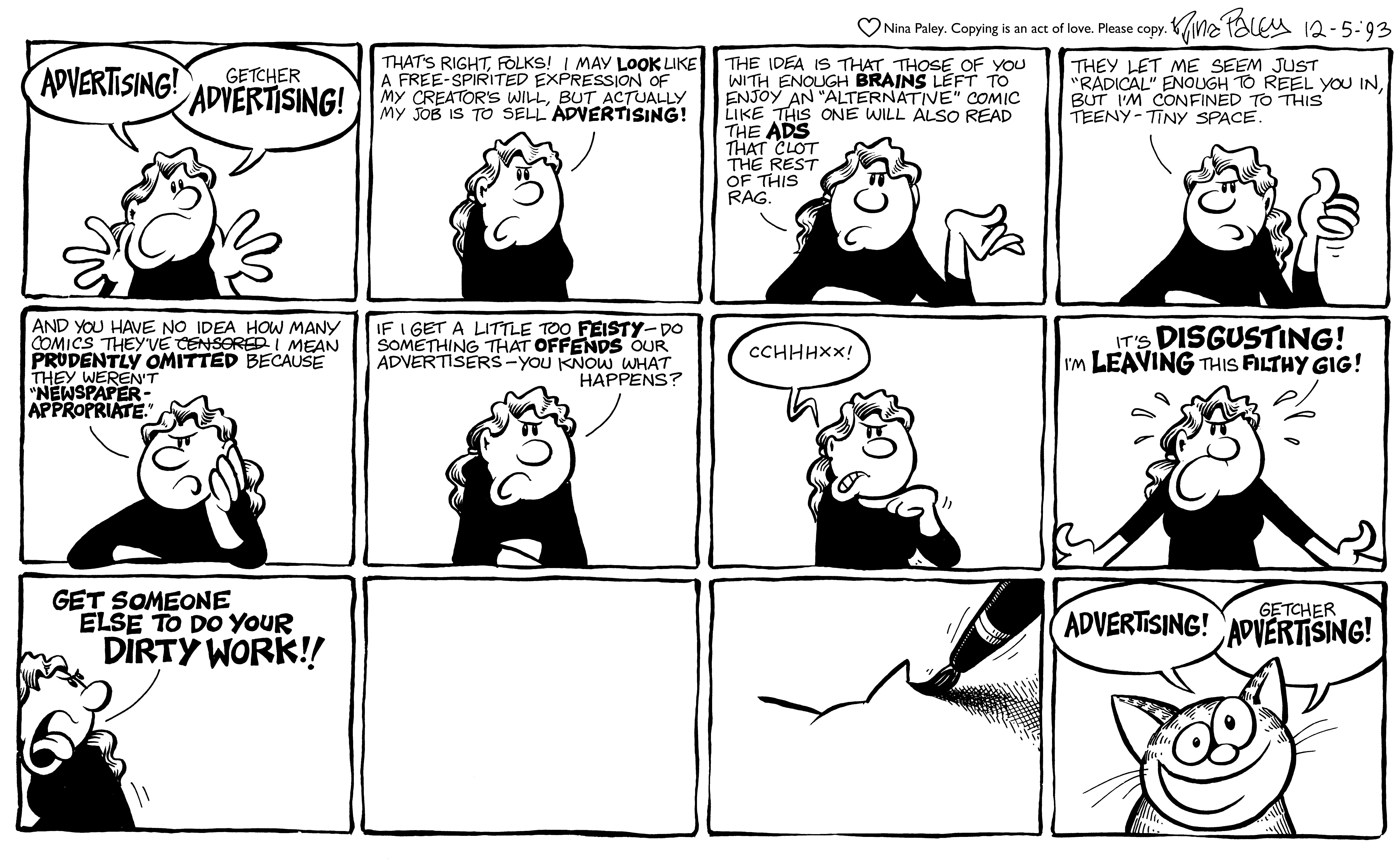 Nina's Adventures: Sellout Part 1 (Dec 5, 1993). Nina Paley, CC BY-SA 3.0. https://archive.org/details/NinasAdventuresFree