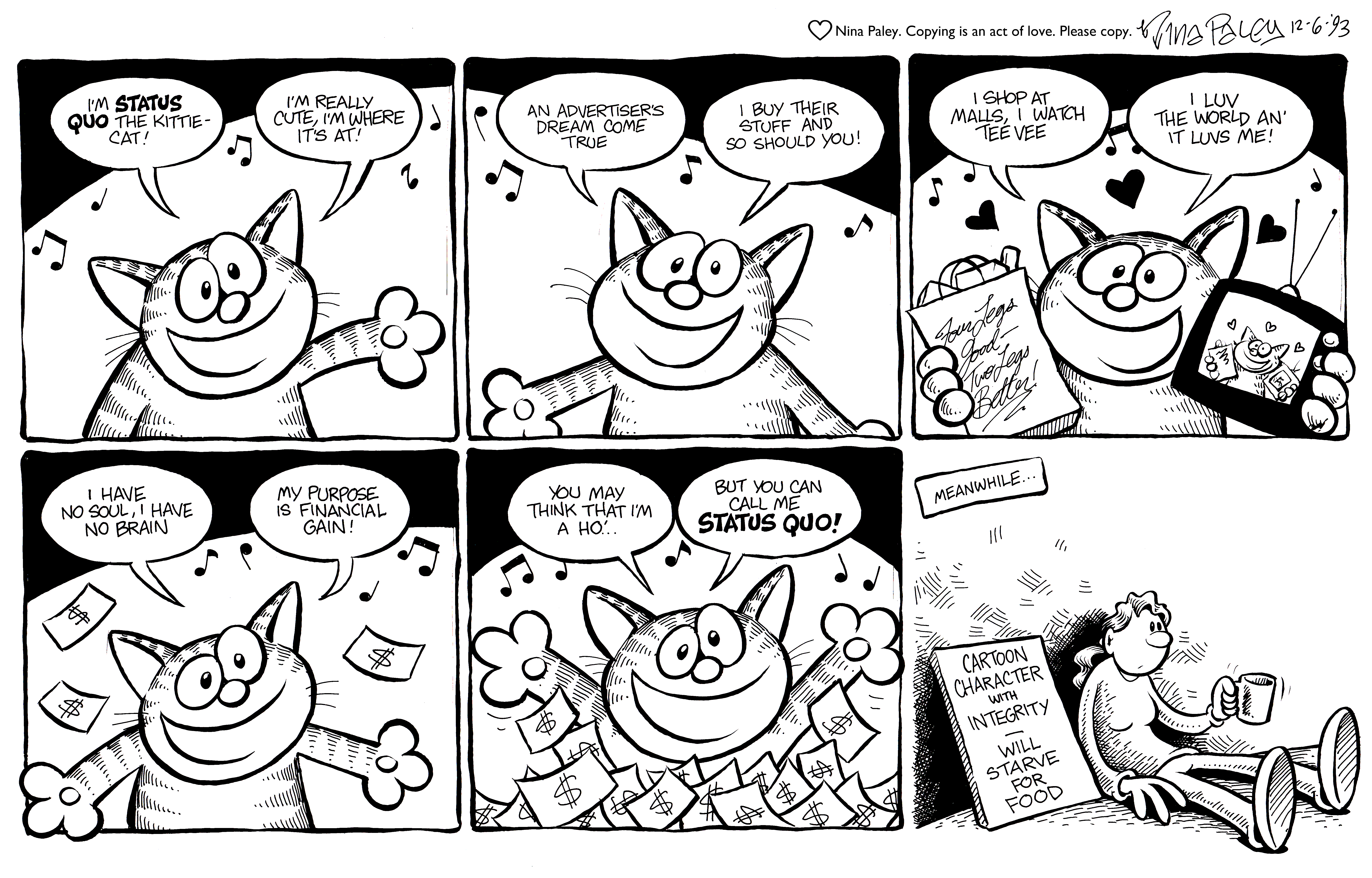 Nina's Adventures: Status Quo Kitty (Dec 6, 1993). Nina Paley, CC BY-SA 3.0. https://archive.org/details/NinasAdventuresFree