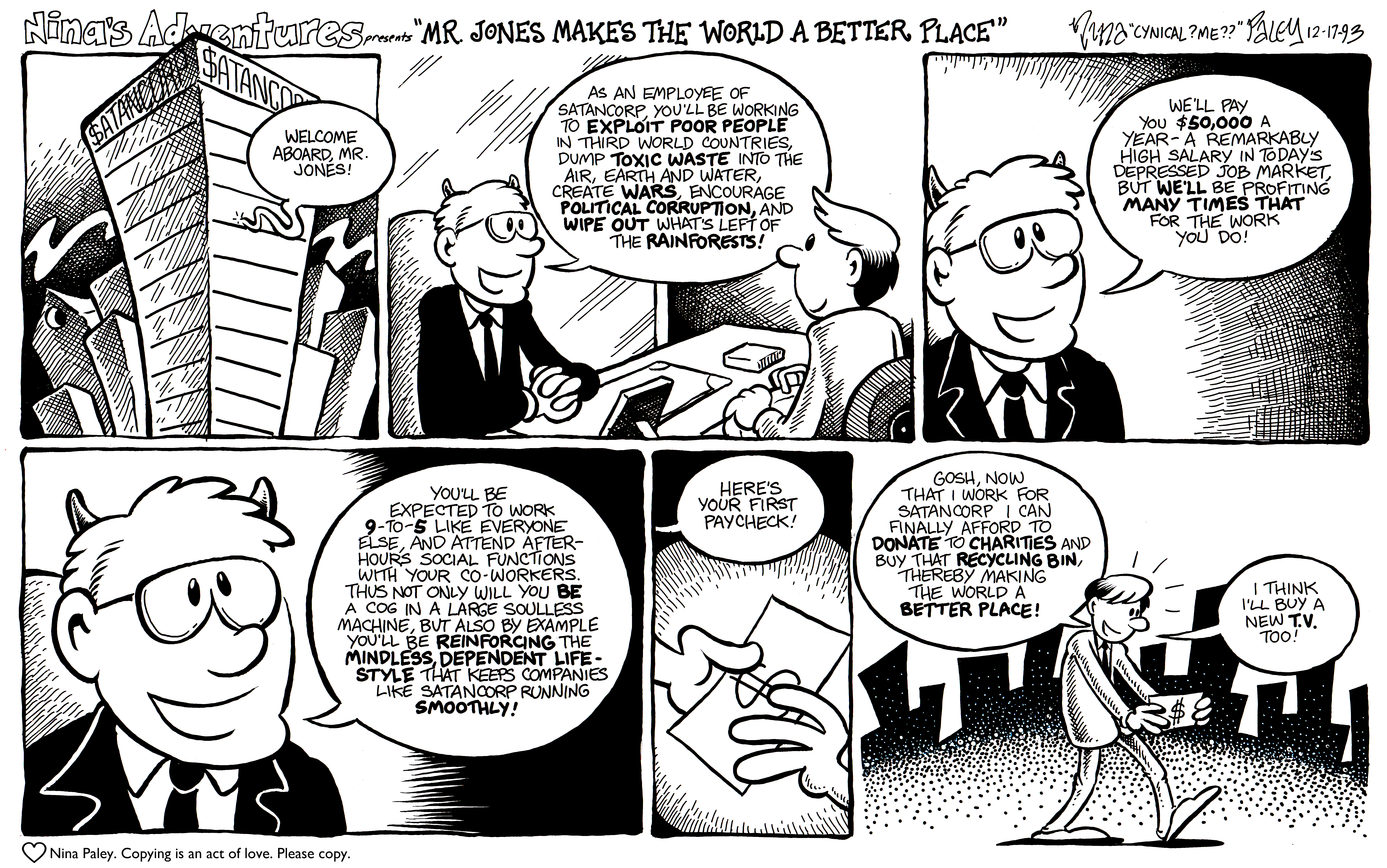 Nina's Adventures: Makeworldabetterplace (Dec 17, 1993). Nina Paley, CC BY-SA 3.0. https://archive.org/details/NinasAdventuresFree