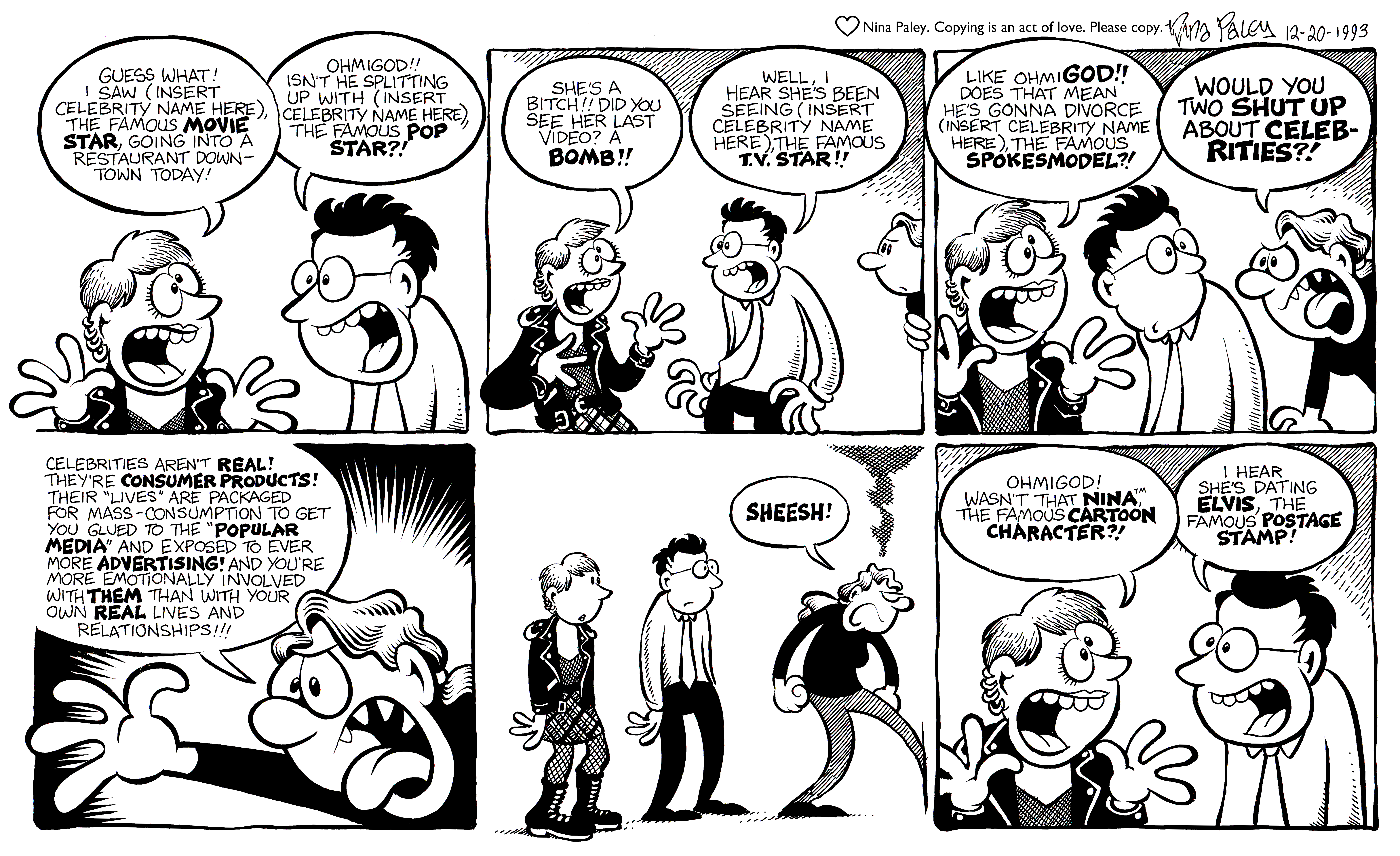 Nina's Adventures: Celebrities (Dec 20, 1993). Nina Paley, CC BY-SA 3.0. https://archive.org/details/NinasAdventuresFree