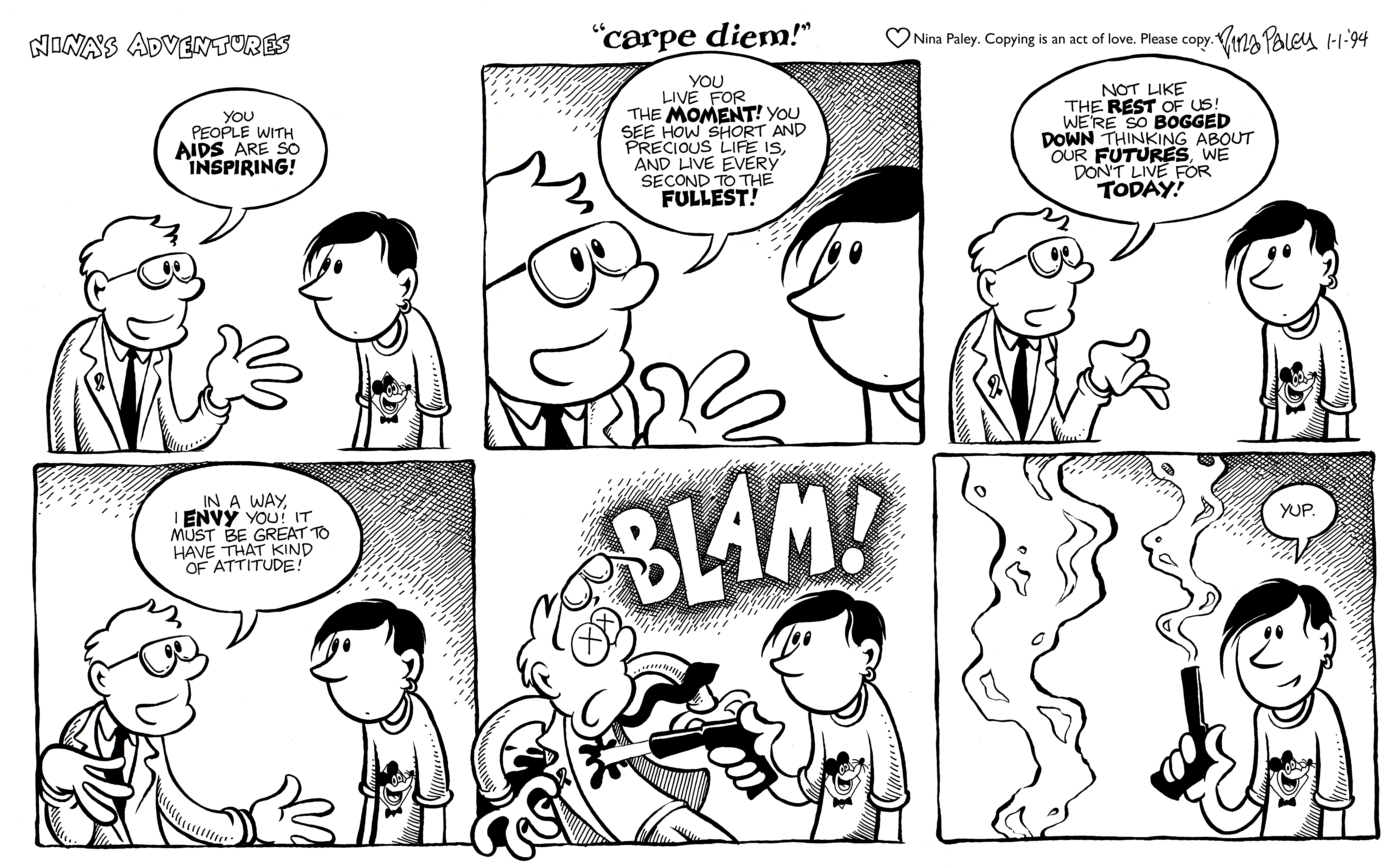 Nina's Adventures: Carpe Diem (Jan 1, 1994). Nina Paley, CC BY-SA 3.0. https://archive.org/details/NinasAdventuresFree