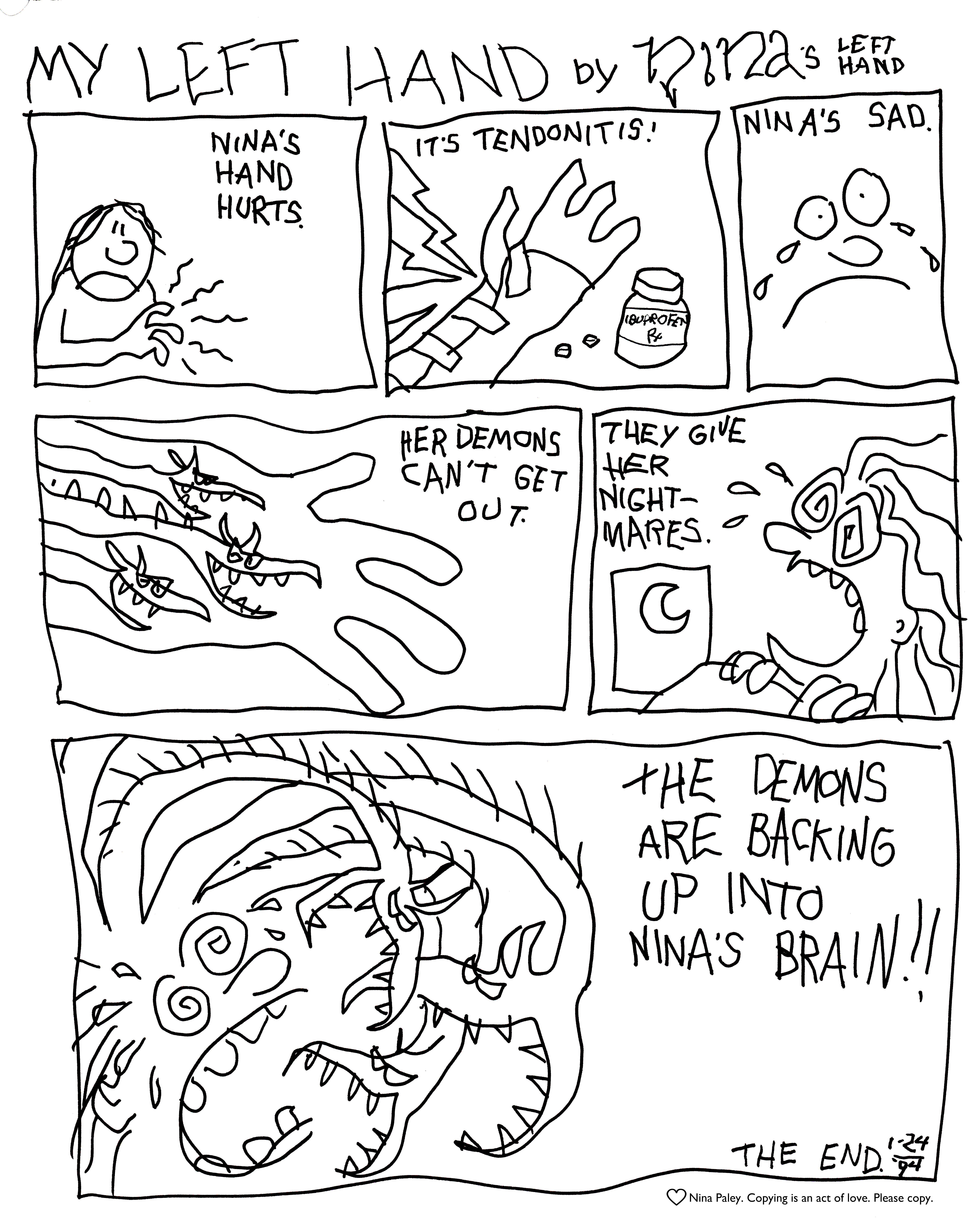 Nina's Adventures: Myleft Hand (Jan 24, 1994). Nina Paley, CC BY-SA 3.0. https://archive.org/details/NinasAdventuresFree