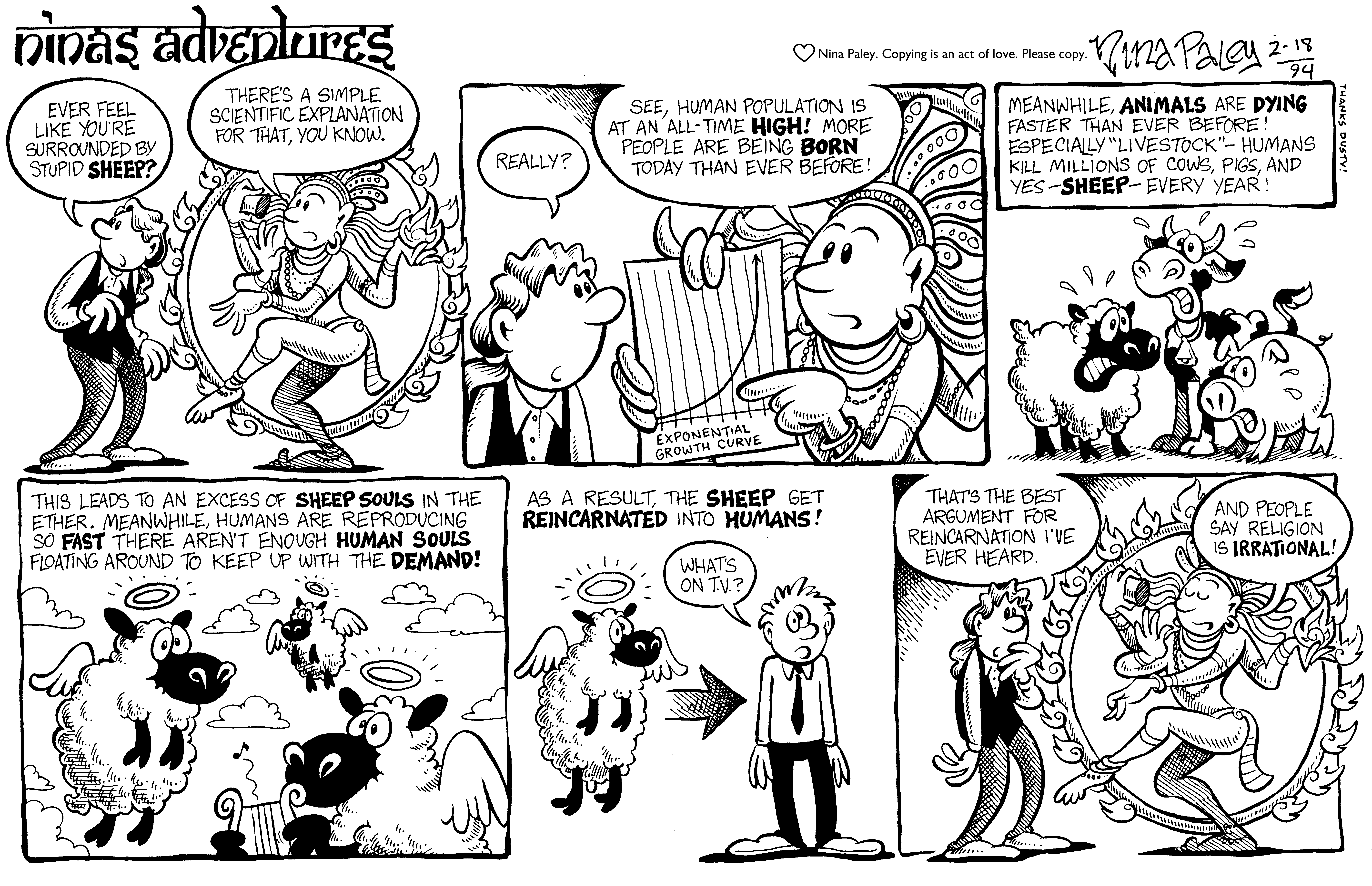 Nina's Adventures: Sheep Reincarnation (Feb 18, 1994). Nina Paley, CC BY-SA 3.0. https://archive.org/details/NinasAdventuresFree