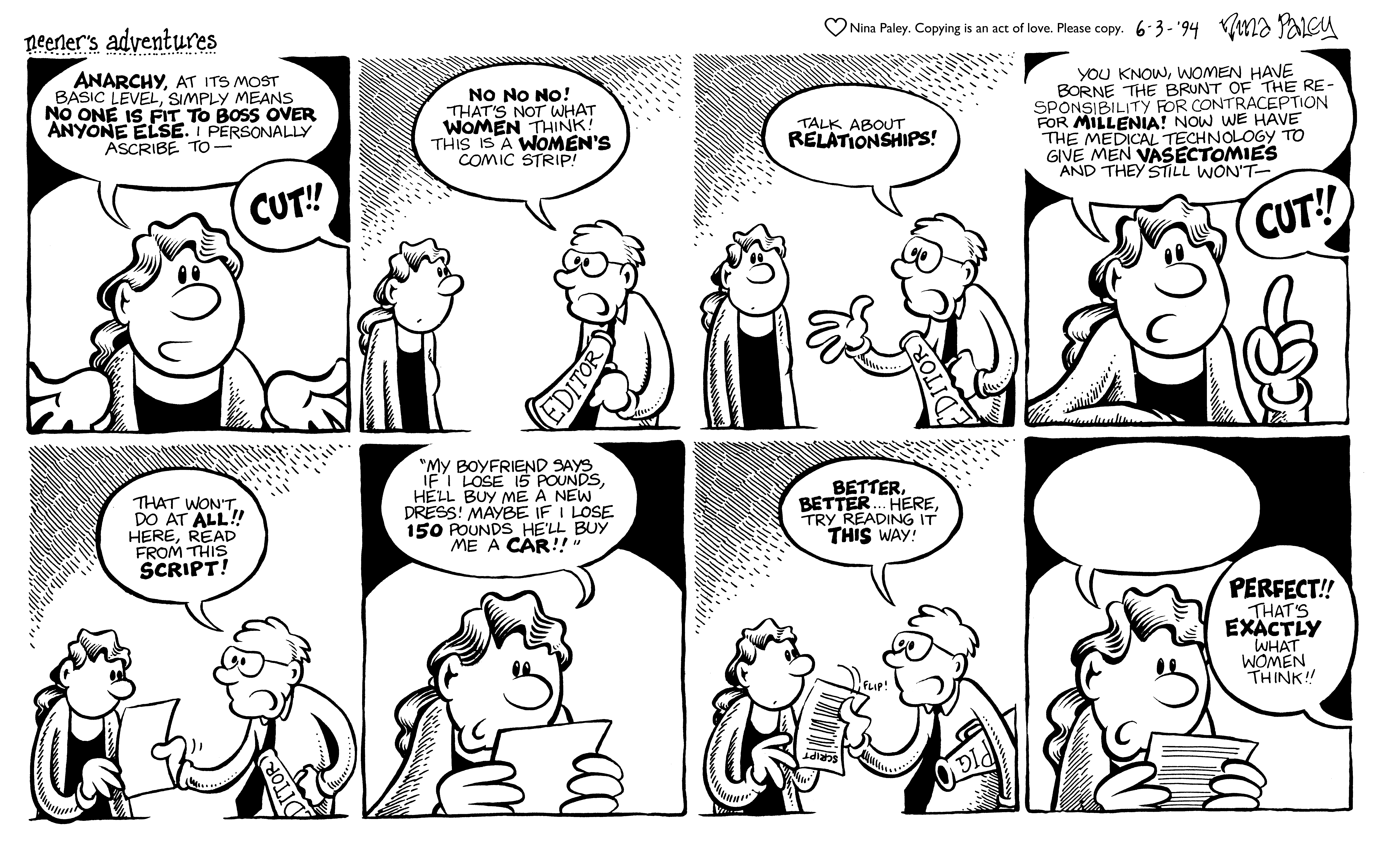 Nina's Adventures: Ladies Script (Jun 3, 1994). Nina Paley, CC BY-SA 3.0. https://archive.org/details/NinasAdventuresFree