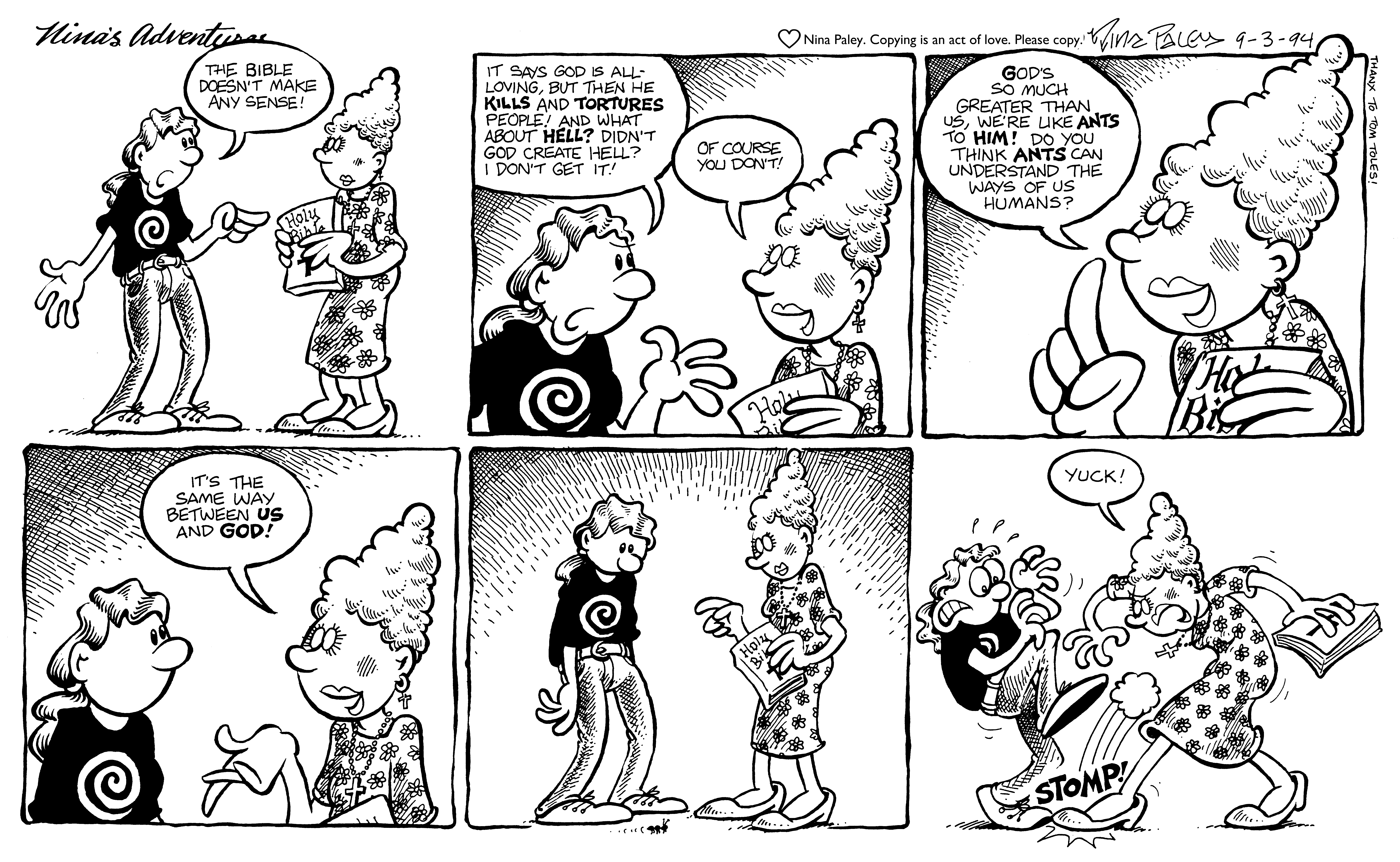 Nina's Adventures: Bible Ant (Sep 3, 1994). Nina Paley, CC BY-SA 3.0. https://archive.org/details/NinasAdventuresFree