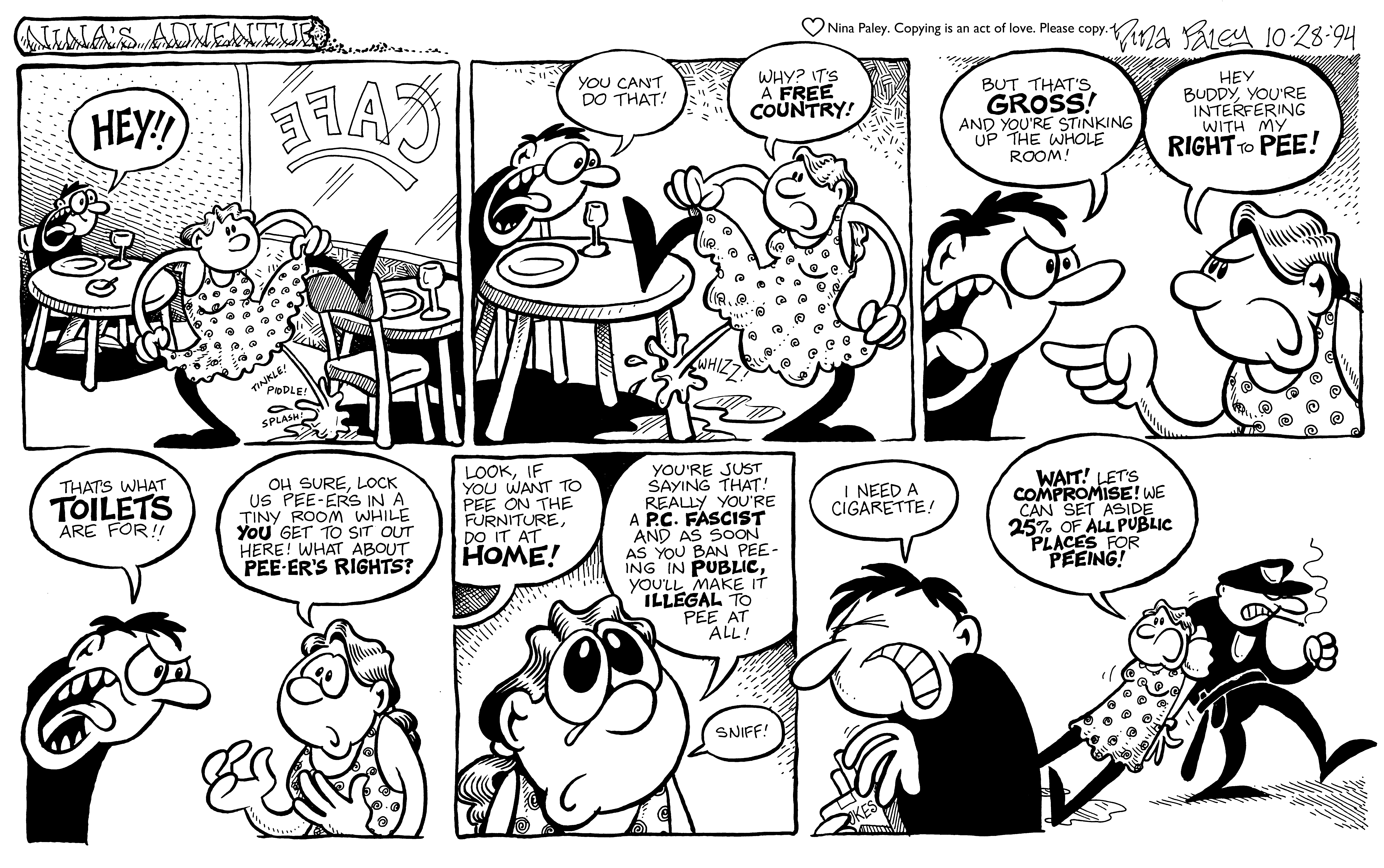 Nina's Adventures: Right To Pee (Oct 28, 1994). Nina Paley, CC BY-SA 3.0. https://archive.org/details/NinasAdventuresFree