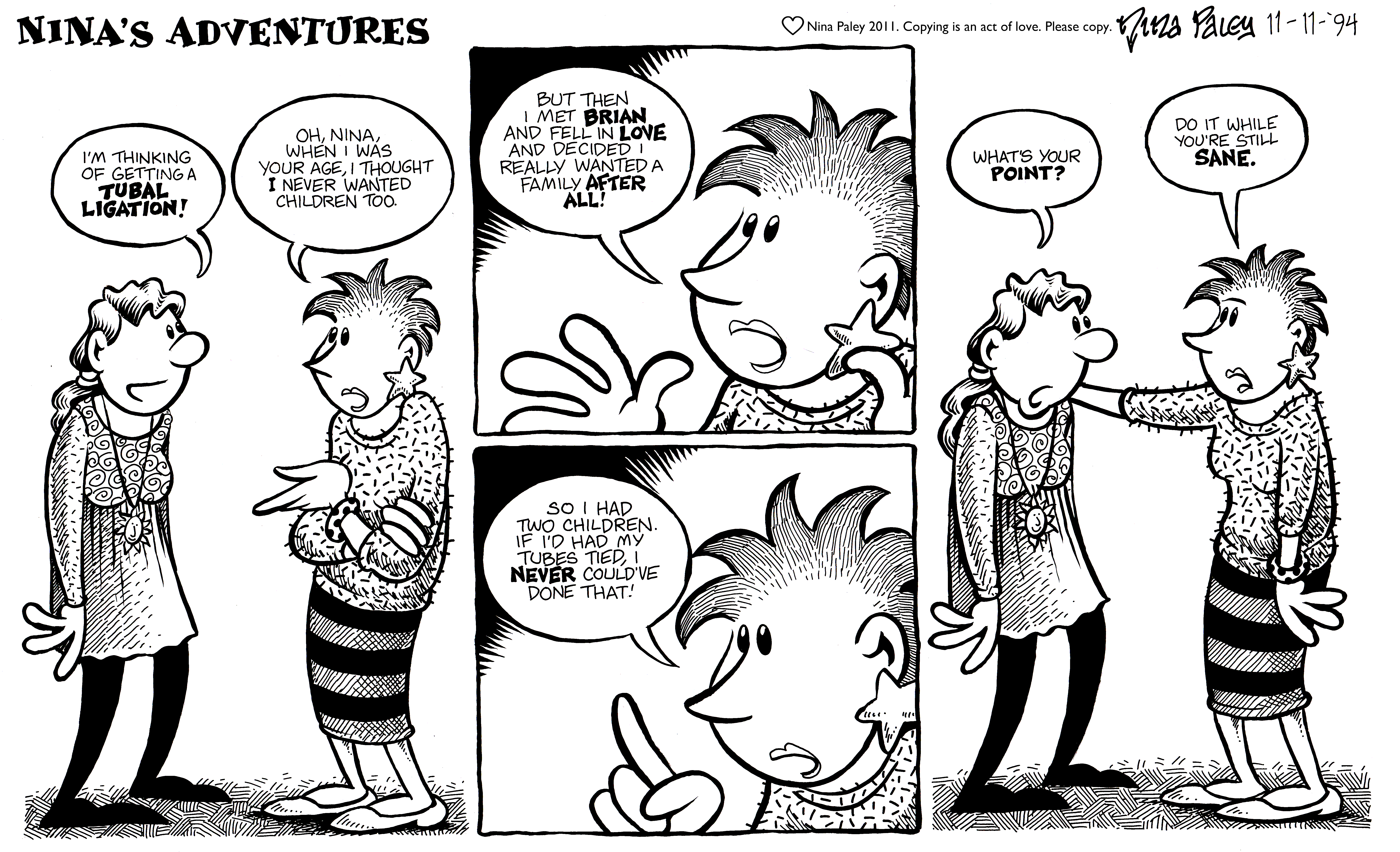 Nina's Adventures: Tubes Tied (Nov 11, 1994). Nina Paley, CC BY-SA 3.0. https://archive.org/details/NinasAdventuresFree