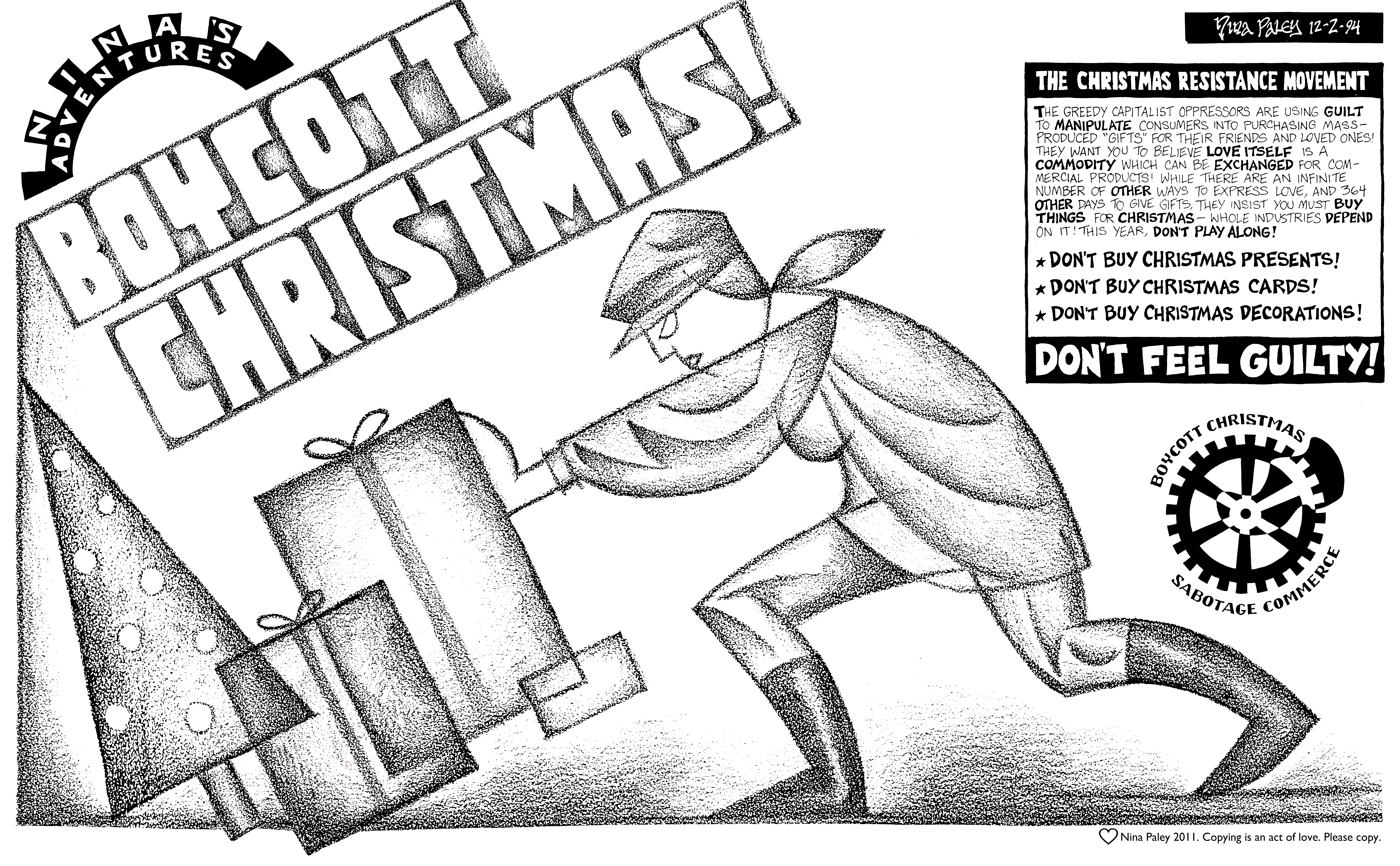 Nina's Adventures: Boycott Christmas (Dec 2, 1994). Nina Paley, CC BY-SA 3.0. https://archive.org/details/NinasAdventuresFree