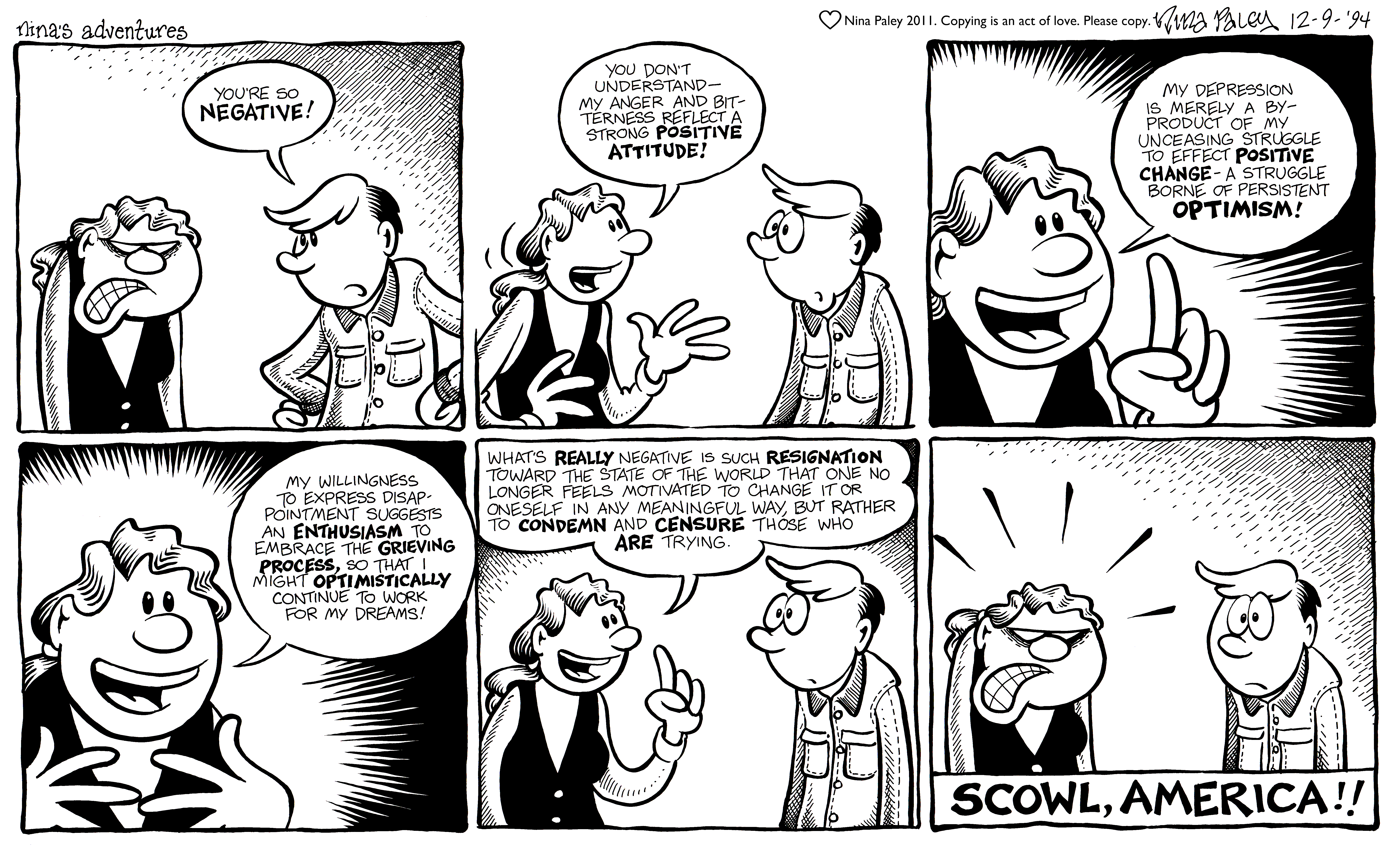 Nina's Adventures: Scowl (Dec 9, 1994). Nina Paley, CC BY-SA 3.0. https://archive.org/details/NinasAdventuresFree