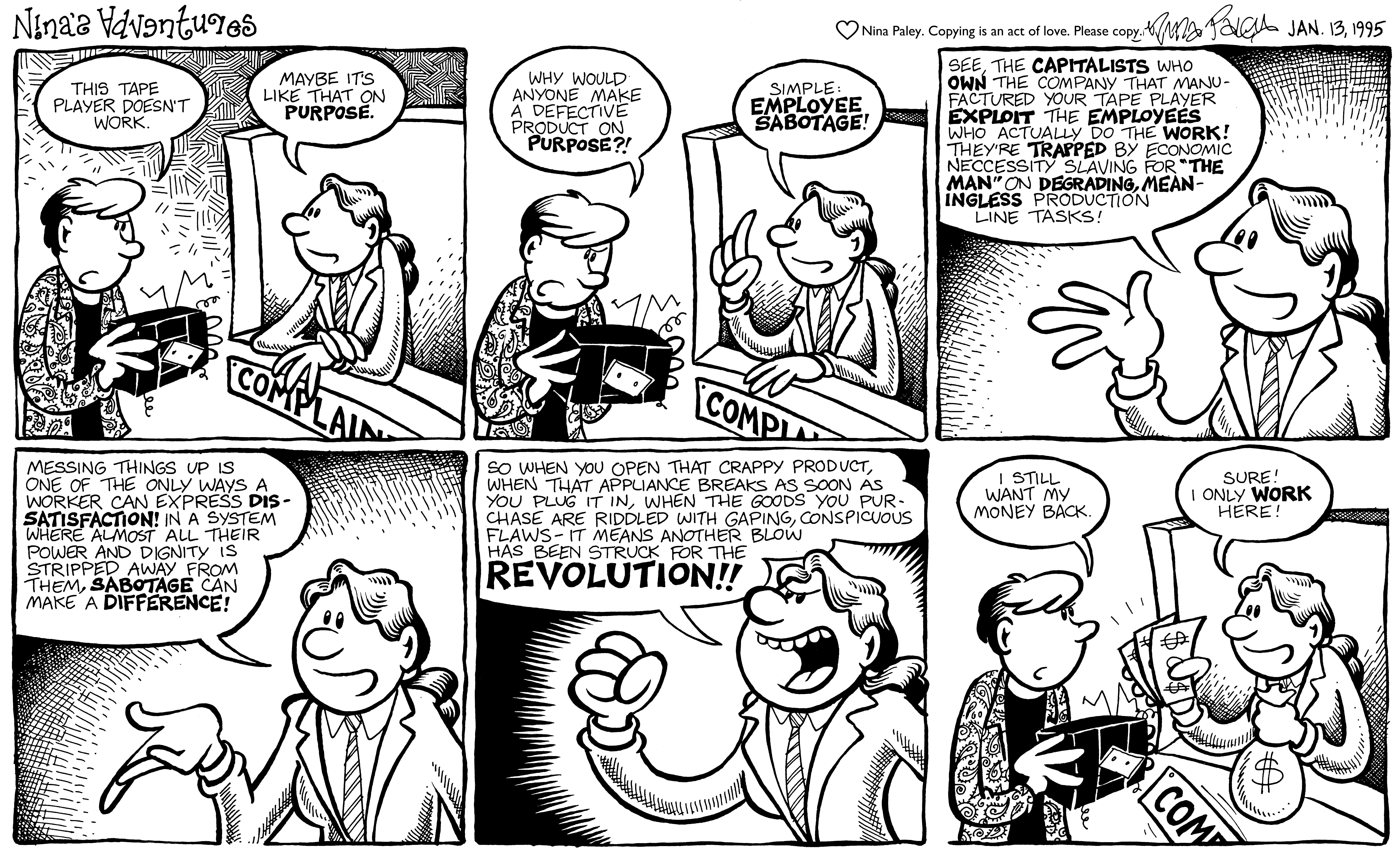 Nina's Adventures: Sabotage (Jan 13, 1995). Nina Paley, CC BY-SA 3.0. https://archive.org/details/NinasAdventuresFree