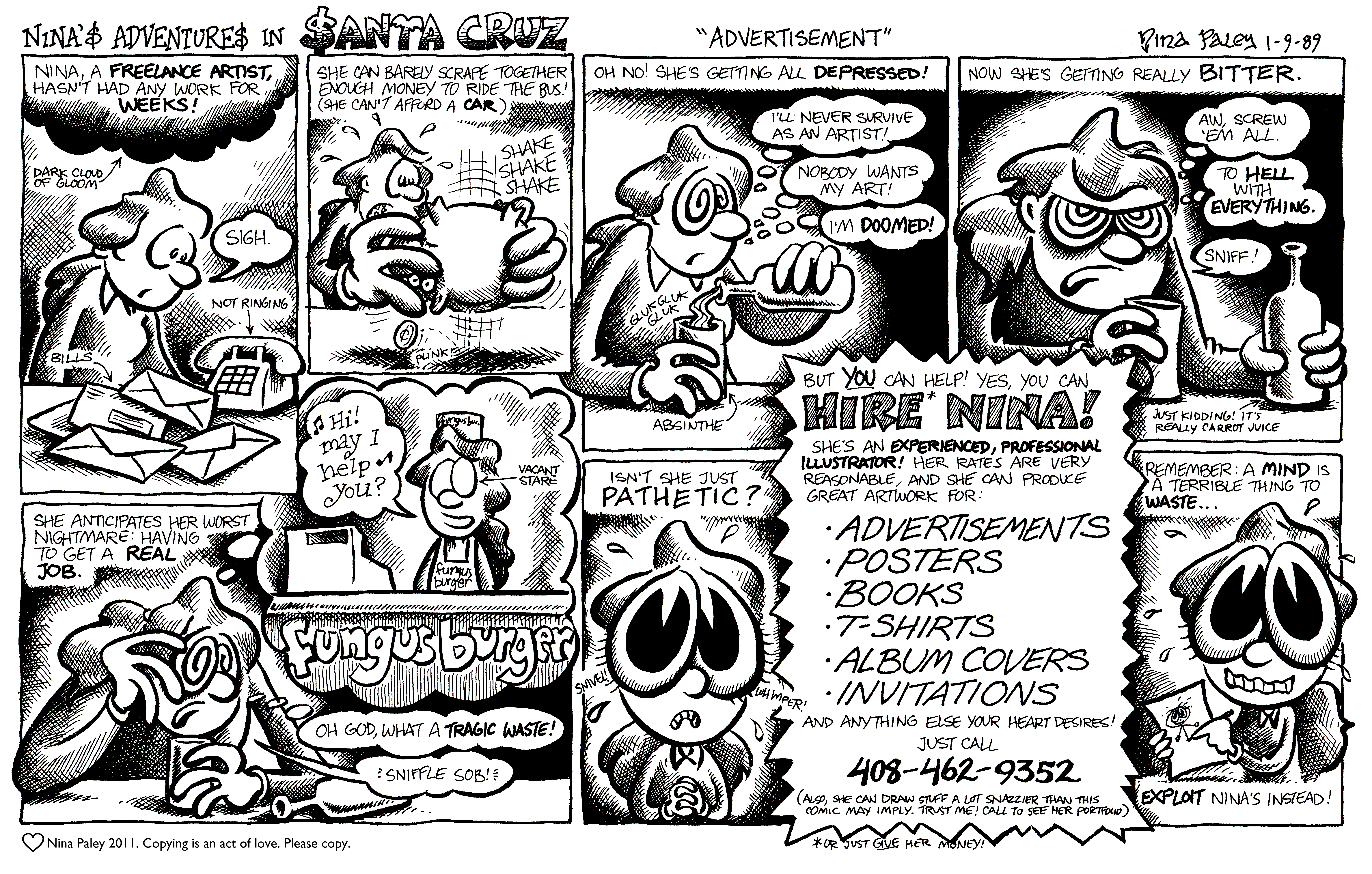 Nina's Adventures: Advertisement (Jan 9, 1989). Nina Paley, CC BY-SA 3.0. https://archive.org/details/NinasAdventuresFree